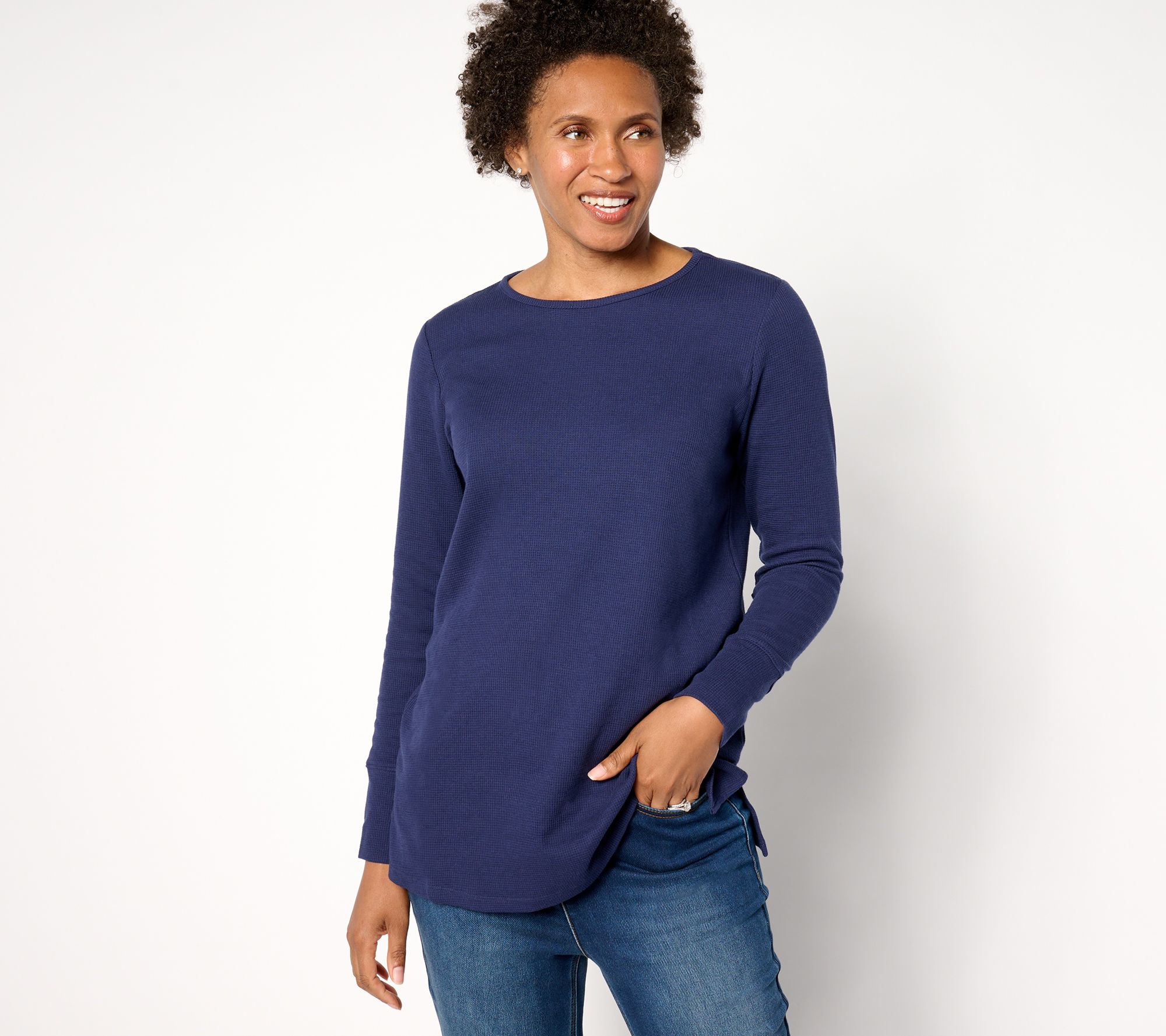 Denim & Co. Petite Waffle Knit Crew Neck Long Tunic