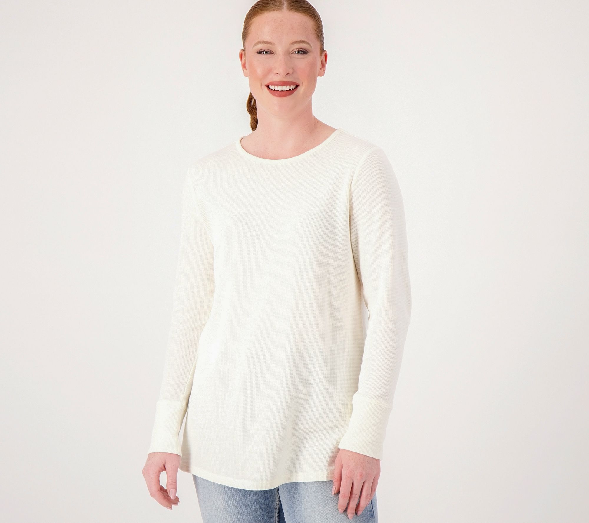 Denim & Co. Petite Waffle Knit Crew Neck Long Tunic