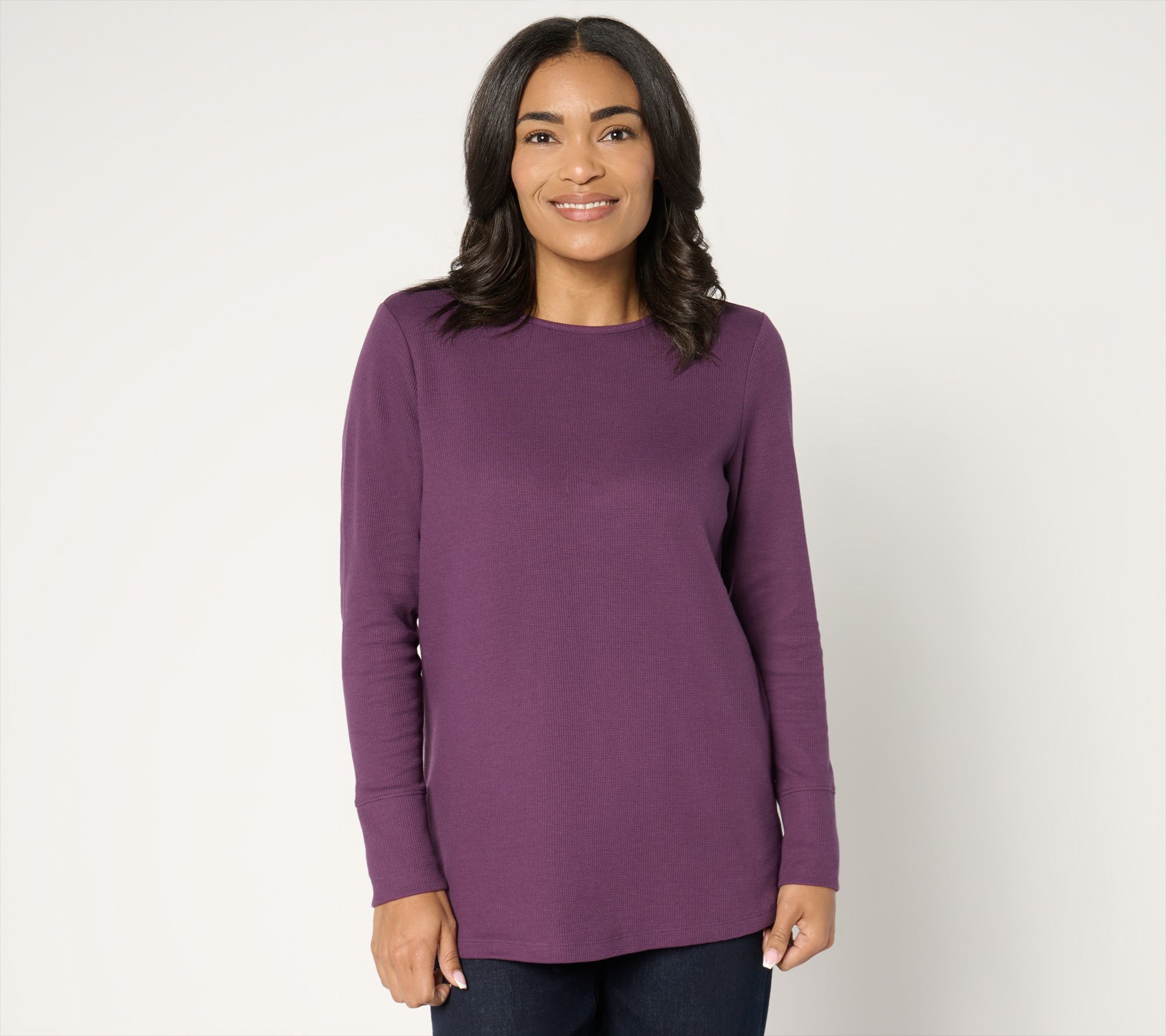 Denim & Co. Petite Waffle Knit Crew Neck Long Tunic