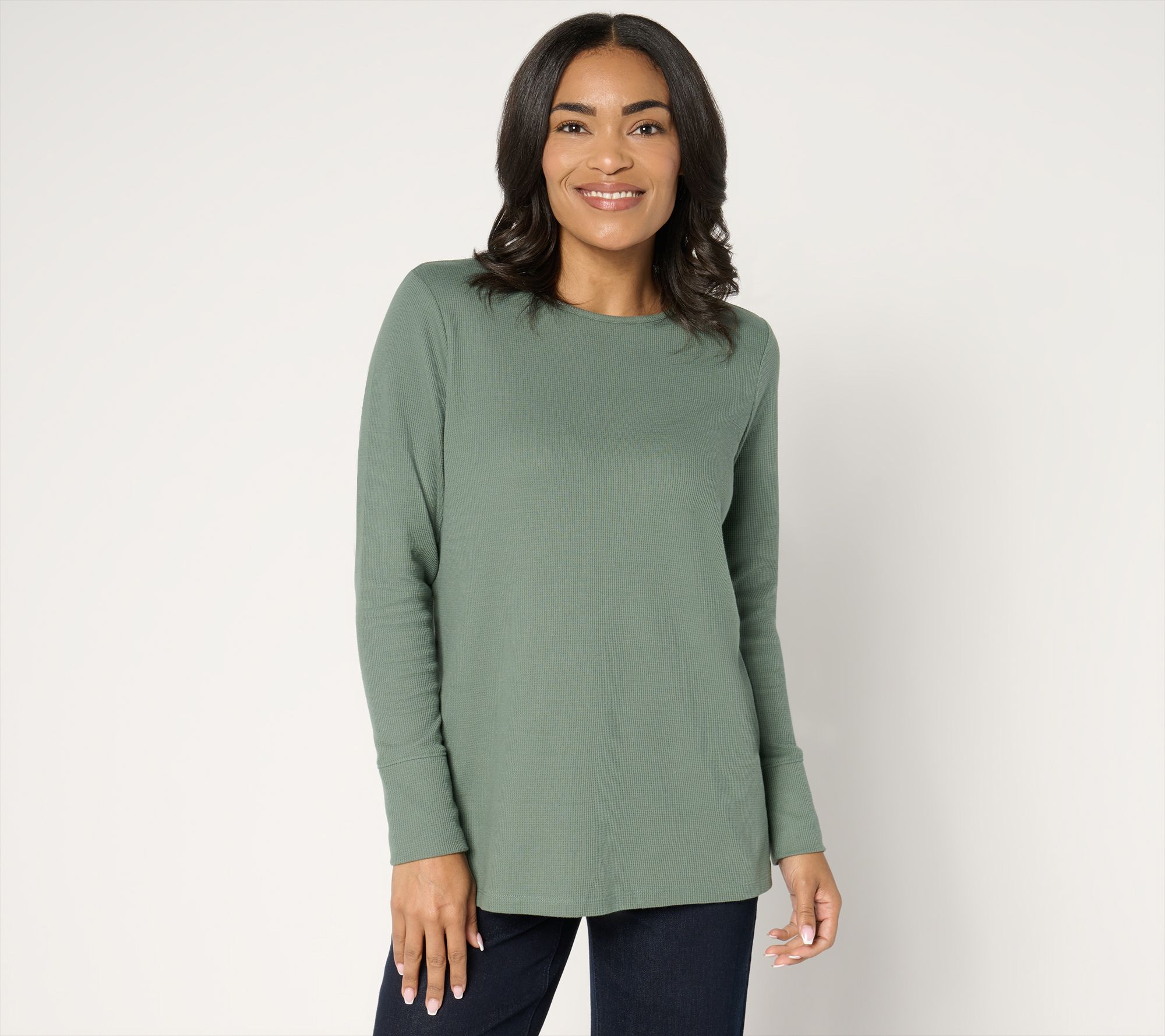 Denim & Co. Petite Waffle Knit Crew Neck Long Tunic