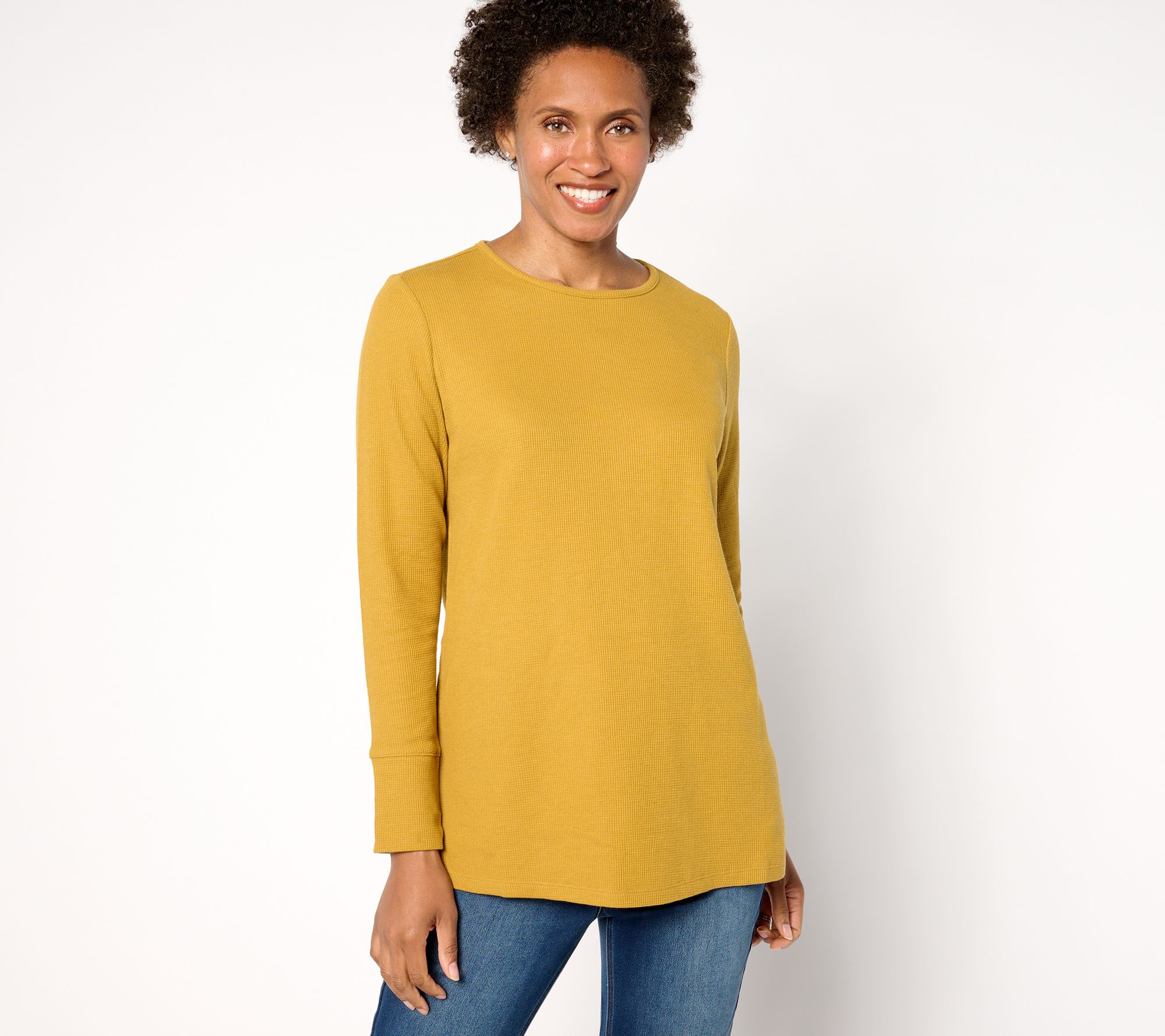 Denim & Co. Petite Waffle Knit Crew Neck Long Tunic