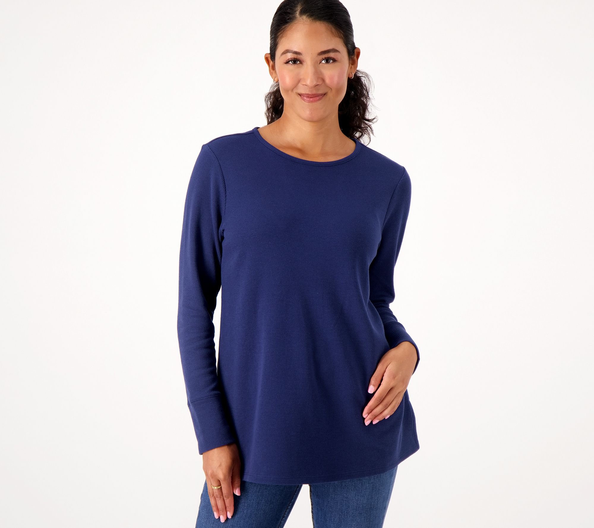 Denim & Co. Petite Waffle Knit Crew Neck Long Tunic