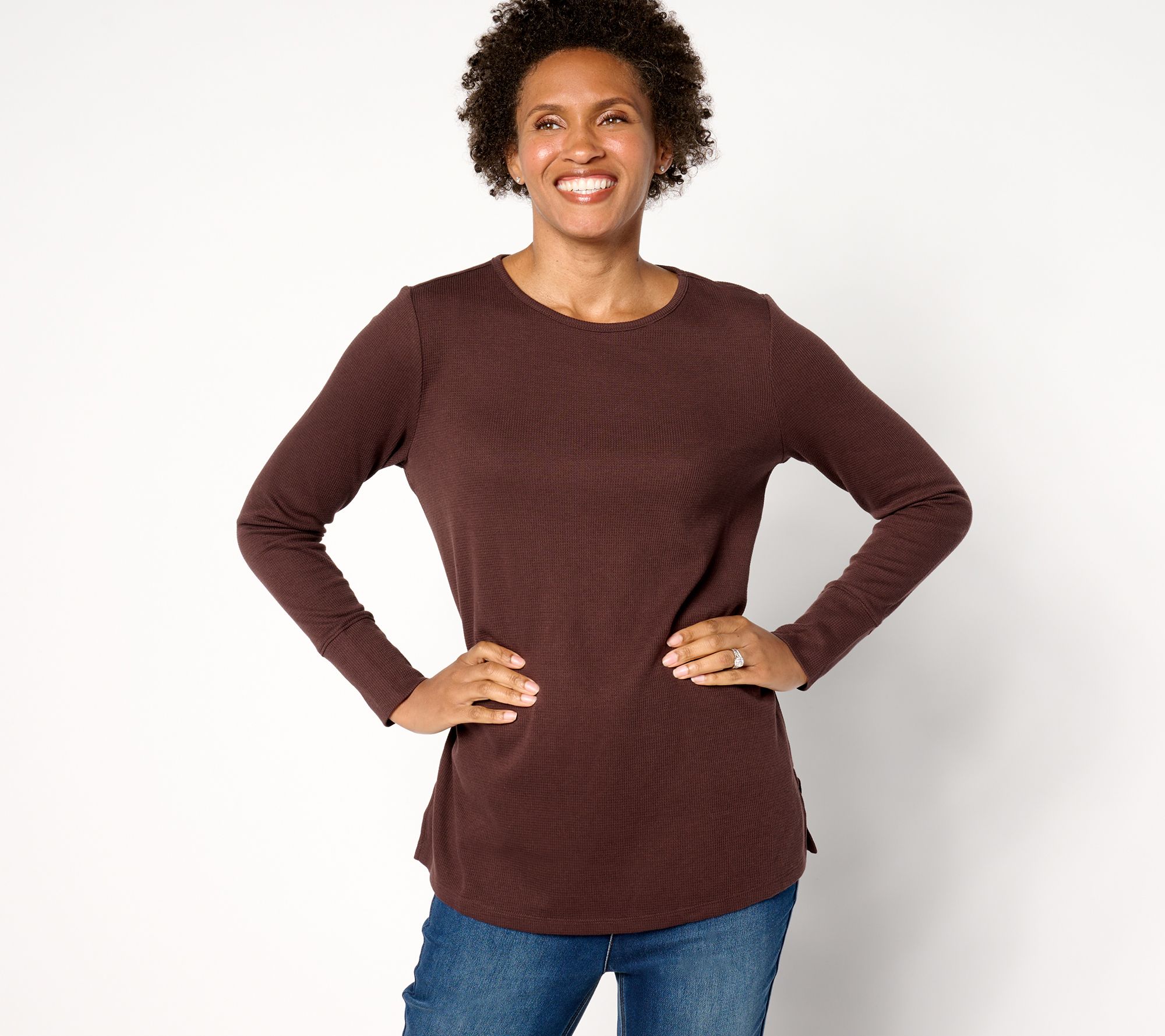 Denim & Co. Petite Waffle Knit Crew Neck Long Tunic