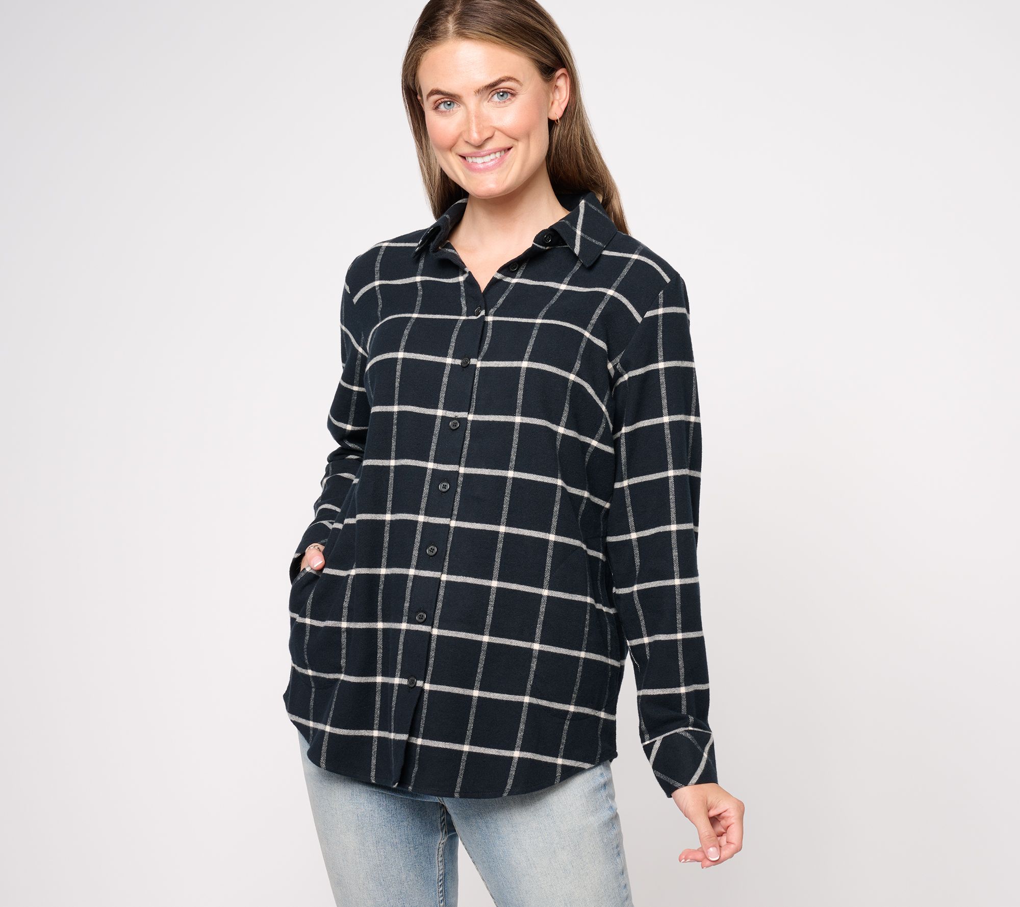Joan Rivers Cotton Brushed Flannel Windowpane Boyfriend Shirt