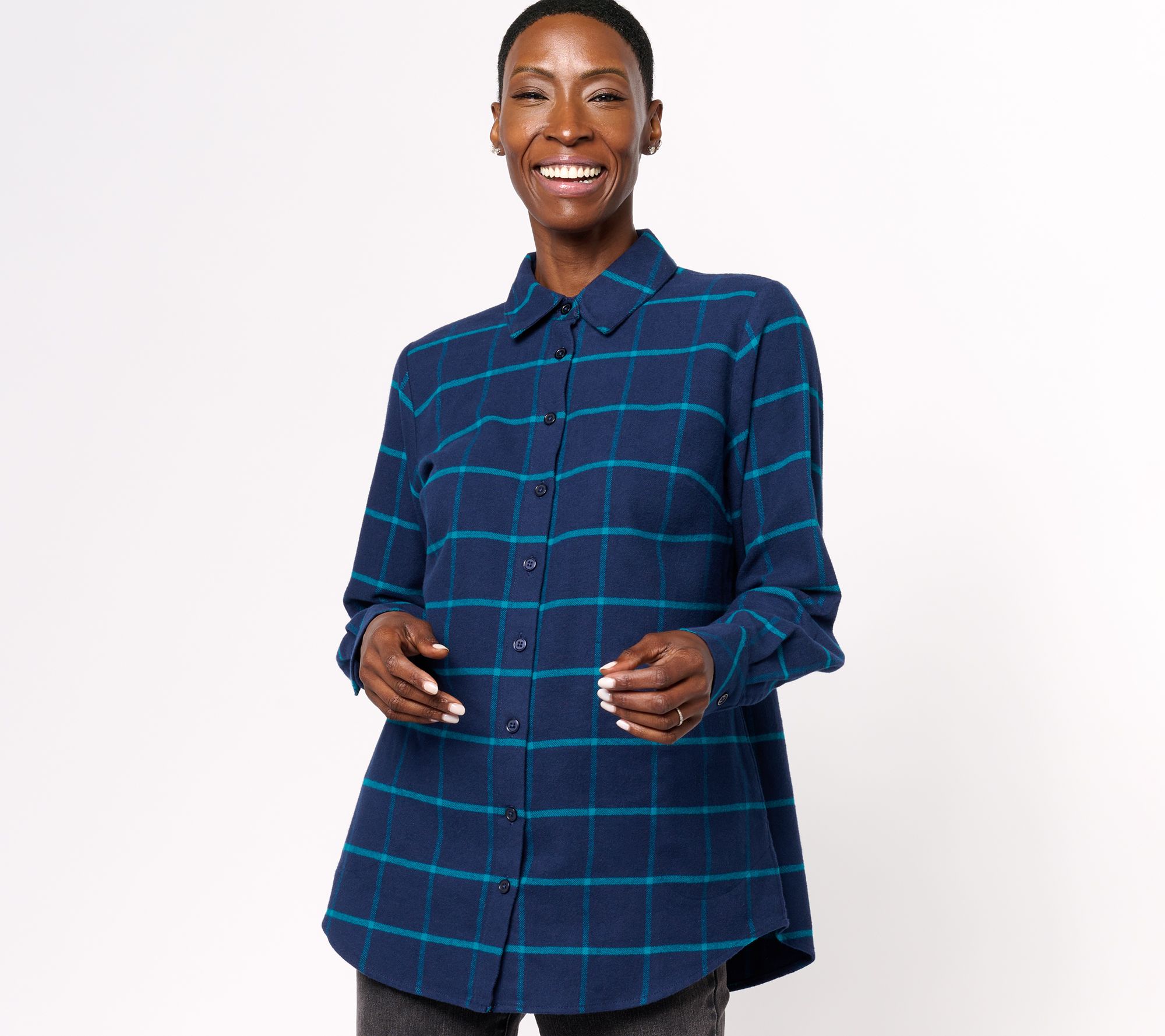 Joan Rivers Cotton Brushed Flannel Windowpane Boyfriend Shirt