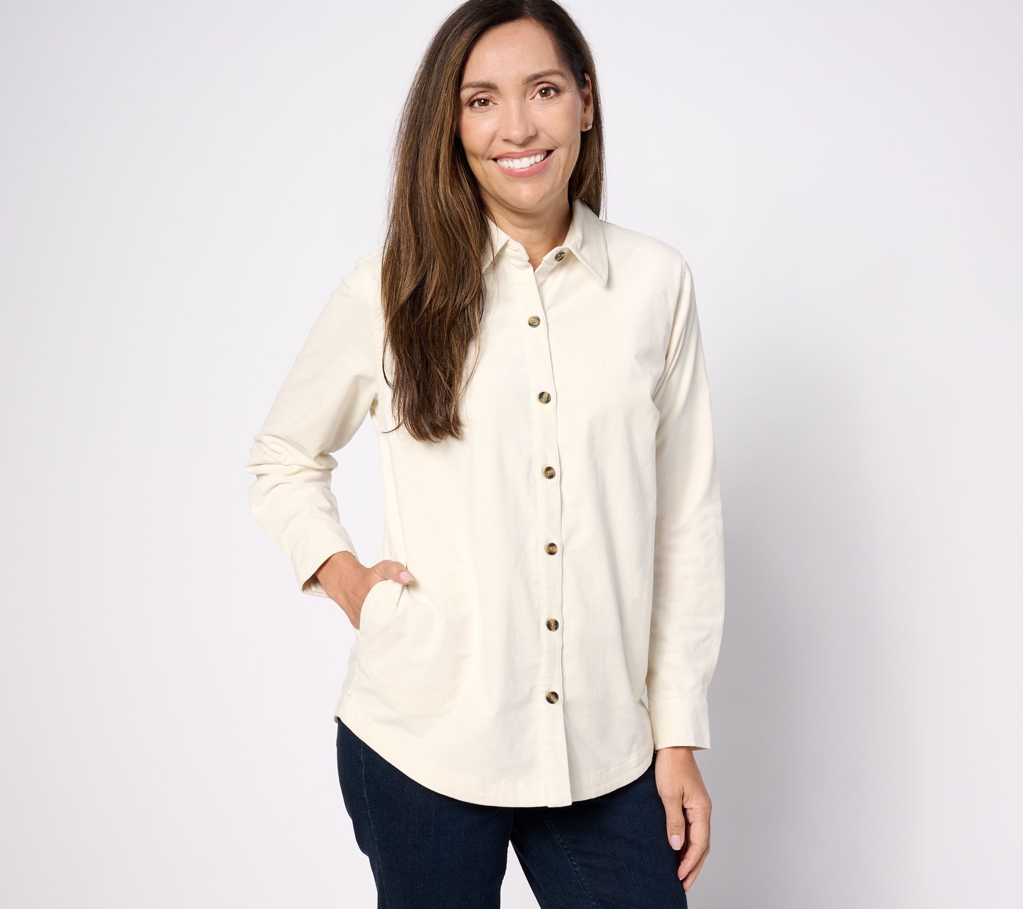 Denim & Co. Stretch Corduroy Shacket with Pockets - QVC.com