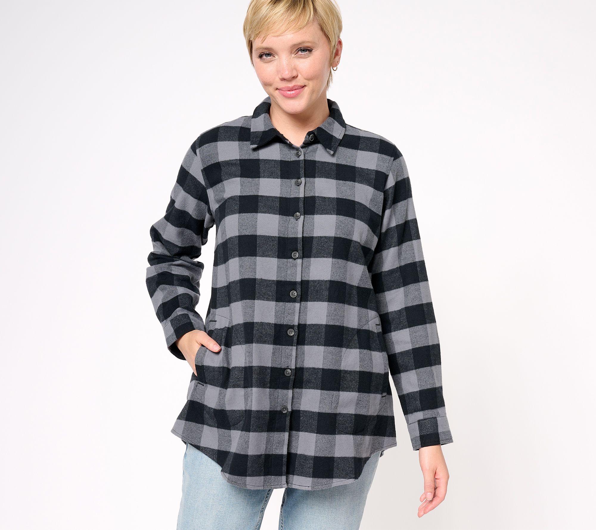 "As Is" Joan Rivers Brushed Flannel Shirt with Back Buttons