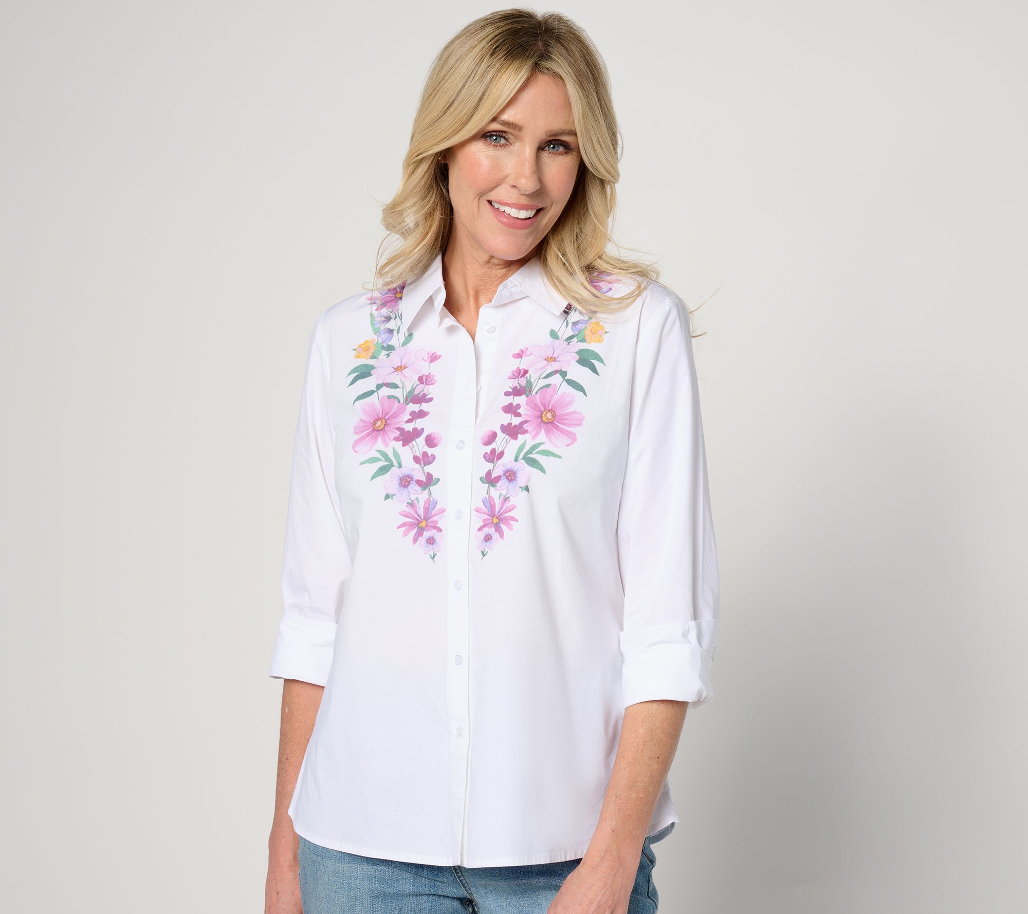 Denim & Co. Placed Floral Print Button-Front Shirt 