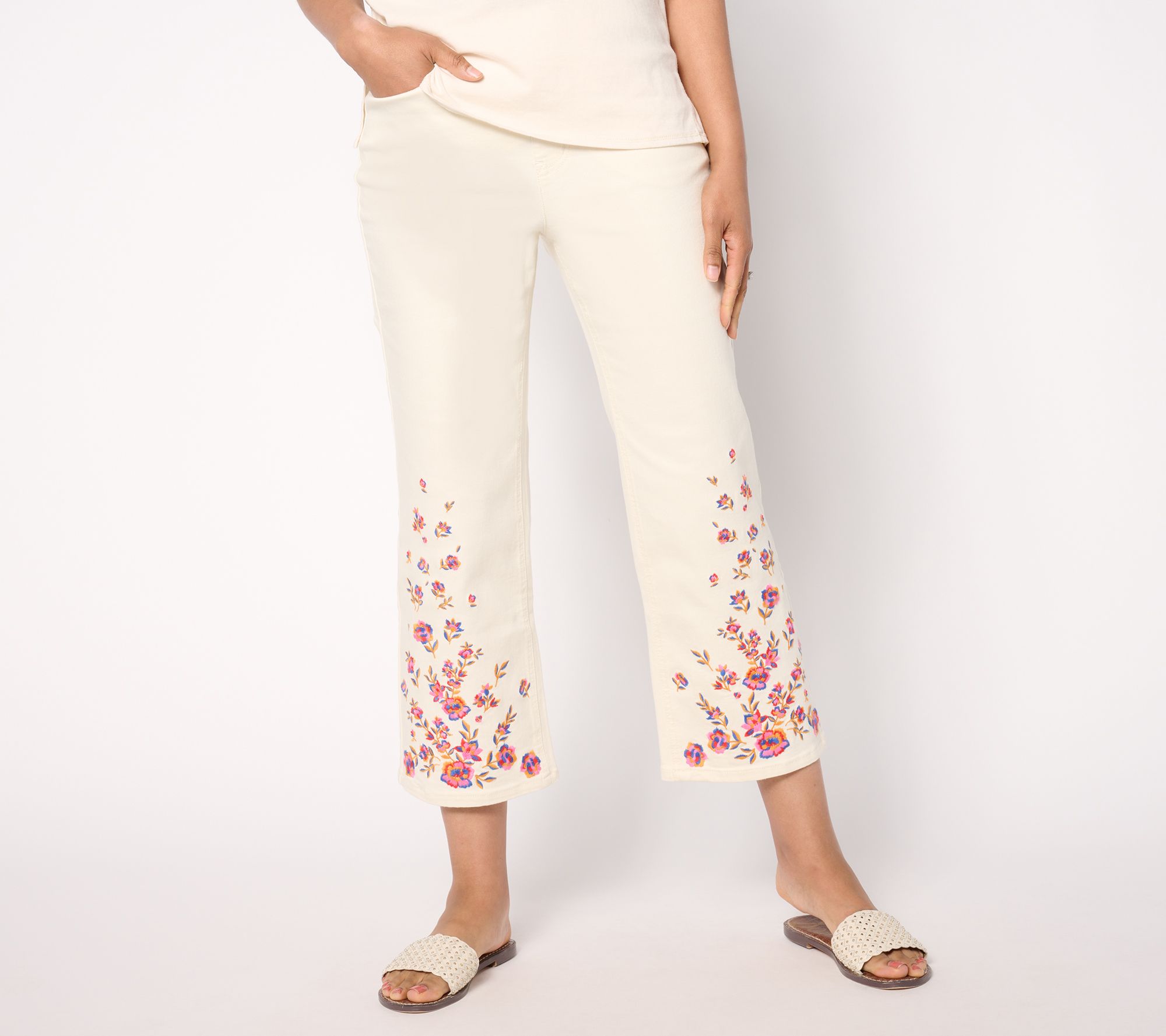 Isaac Mizrahi Live! Tall True Denim Wide Leg Crop Jeans w/ Embroidery