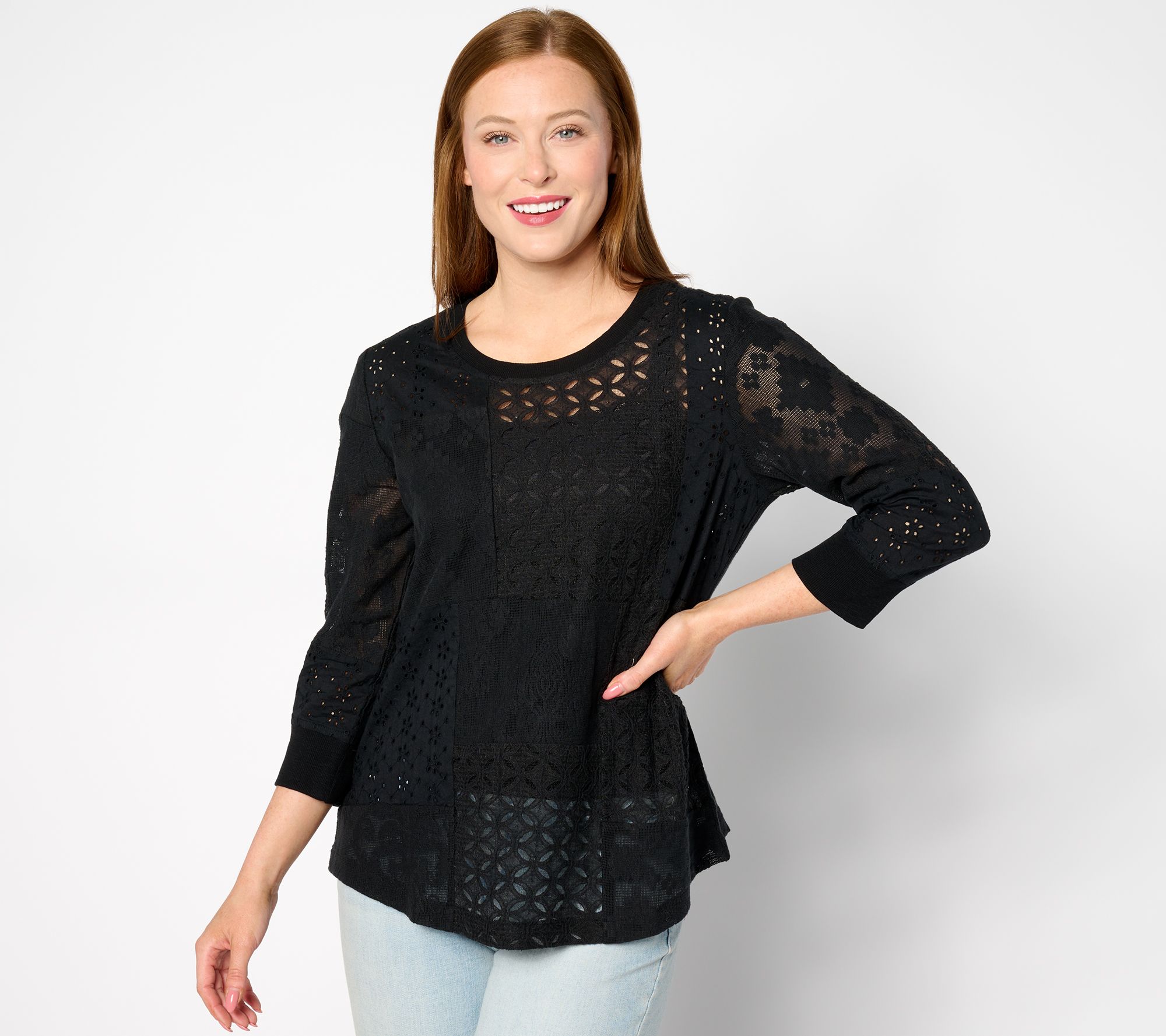 LOGO Lavish by Lori Goldstein Mixed Patchwork 3/4 Sleeve Lace Top