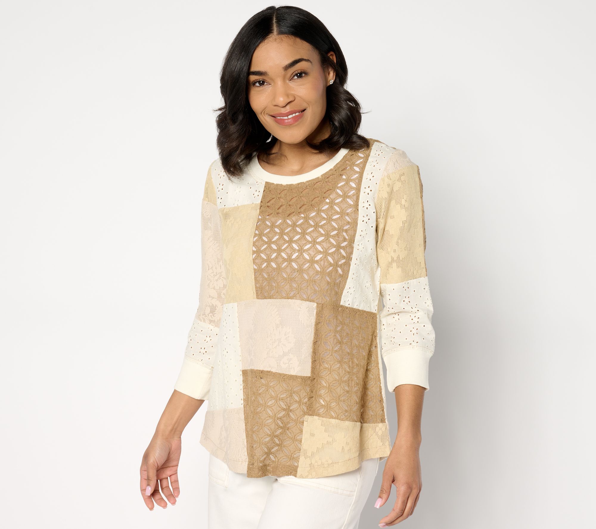 LOGO Lavish by Lori Goldstein Mixed Patchwork 3/4 Sleeve Lace Top