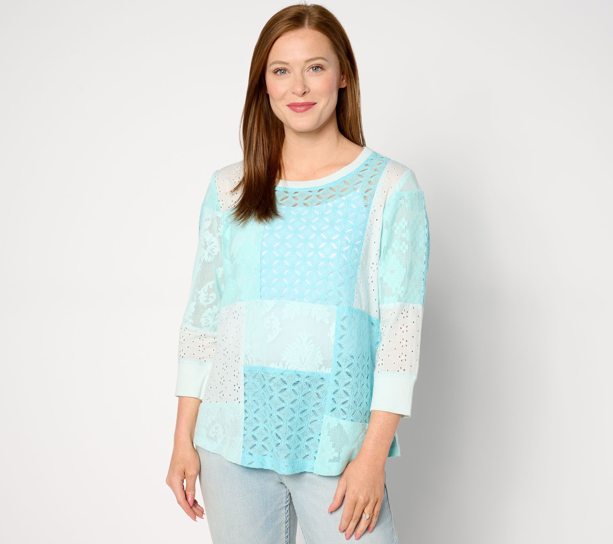 LOGO Lavish by Lori Goldstein Mixed Patchwork 3/4 Sleeve Lace Top