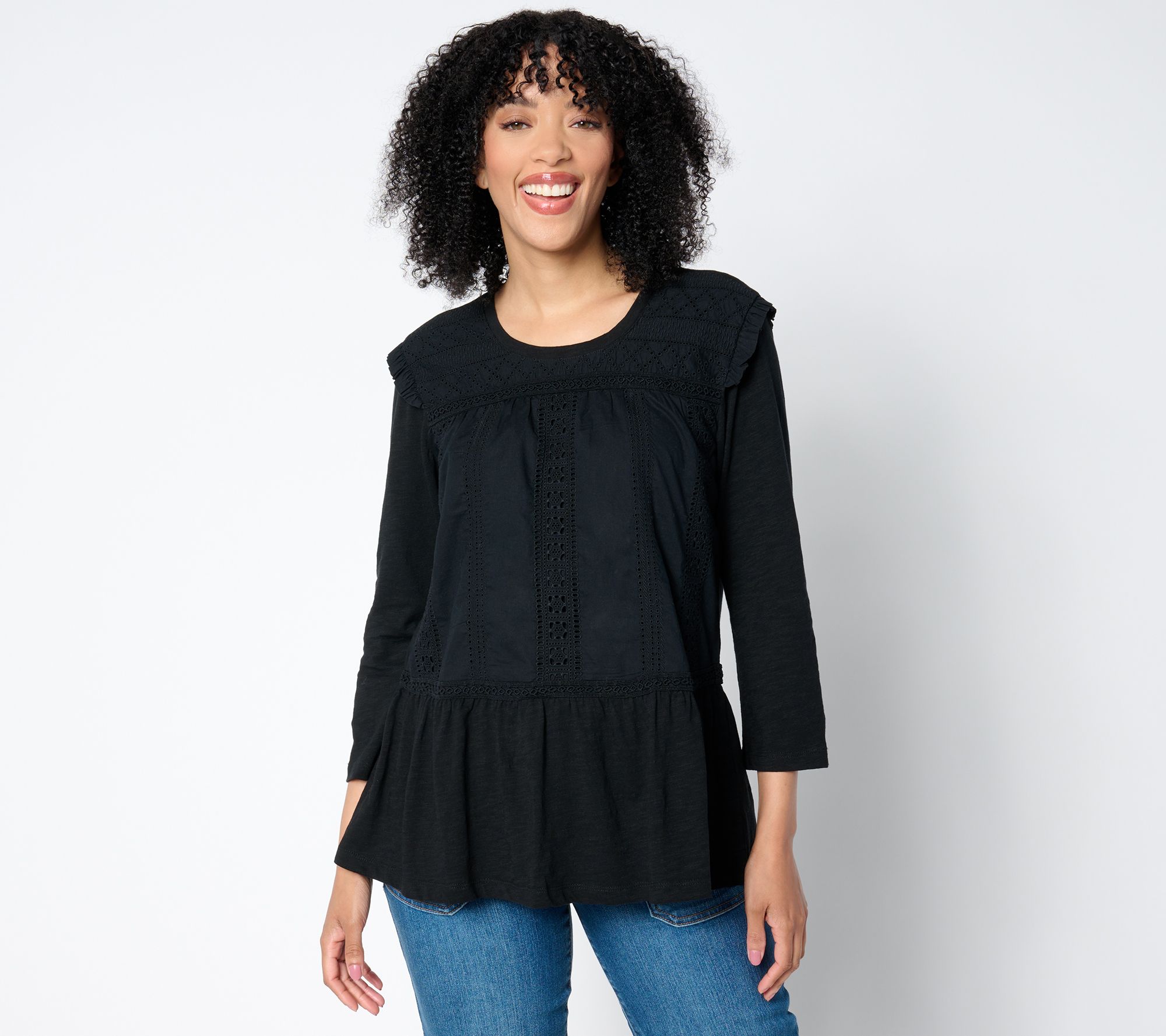 LOGO Lavish by Lori Goldstein 3/4 Sleeve Scoop Neck Lace Mix Top