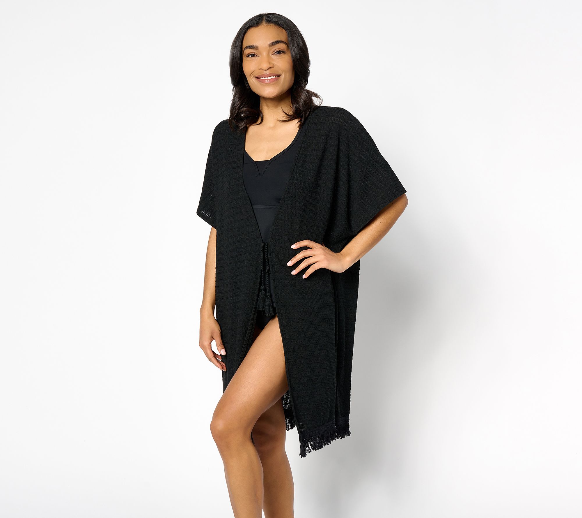 "As Is" Denim & Co. Beach Novelty Knit Open Front Topper