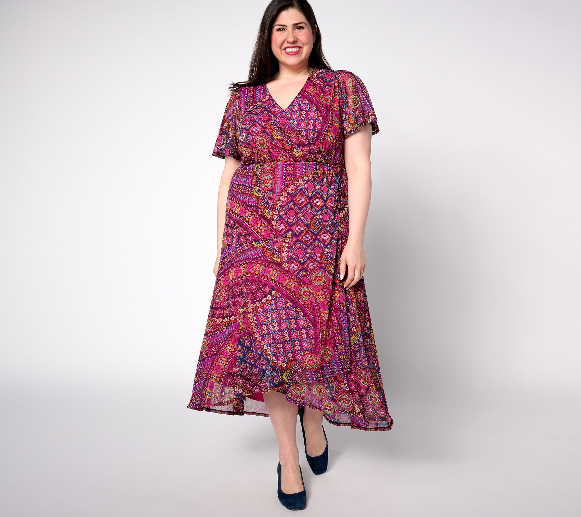 "As Is" Susan Graver Petite Printed Mesh Flutter Sleeve Faux Wrap Dress