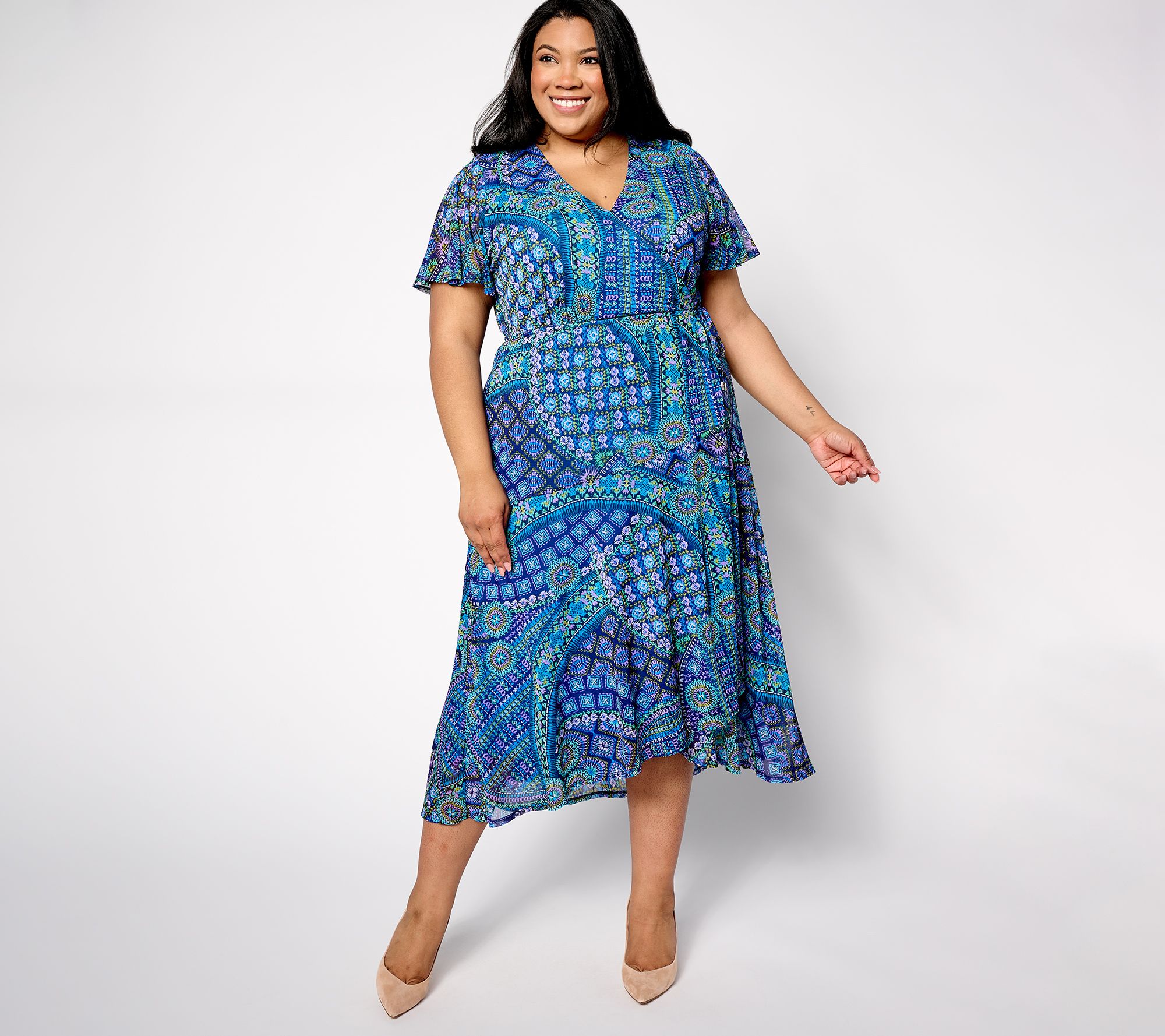 "As Is" Susan Graver Petite Printed Mesh Flutter Sleeve Faux Wrap Dress
