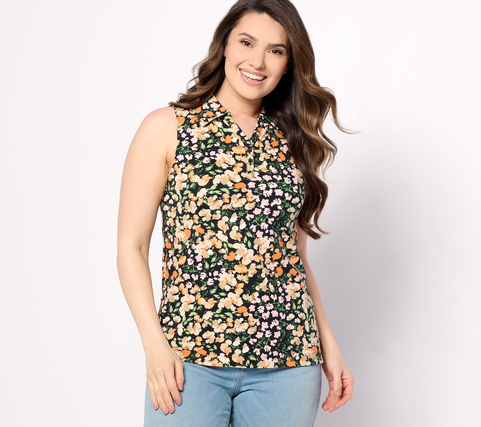 "As Is" Isaac Mizrahi Live! Printed Pique Sleeveless Polo Top