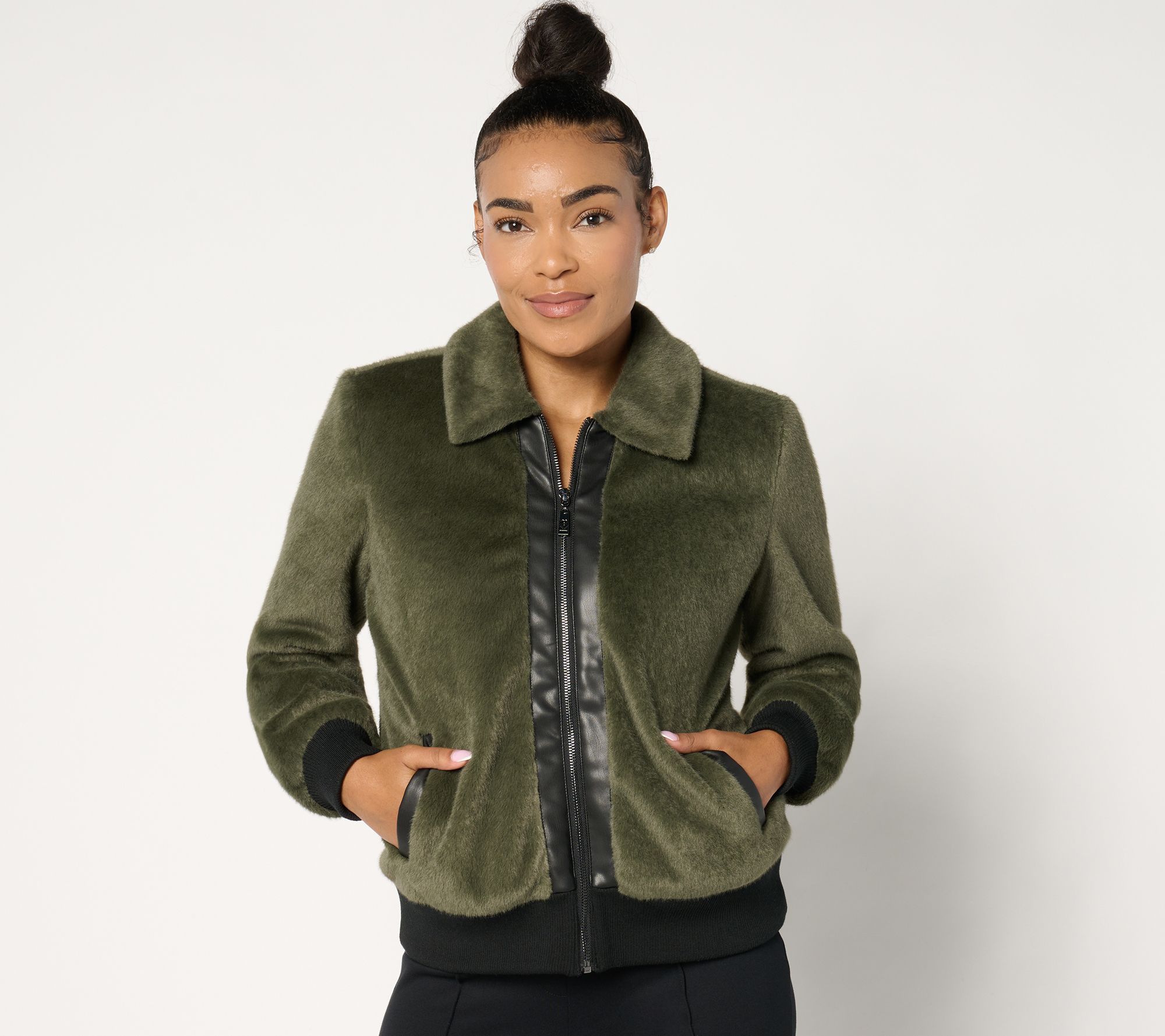 Belle by Kim Gravel Faux Fur Zip Bomber w/ Faux Leather Trim