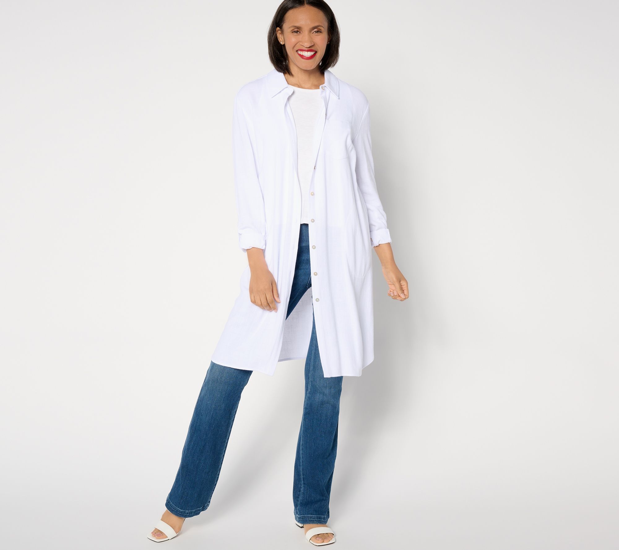 "As Is" Susan Graver PURE Petite Linen Blend Button Front Duster