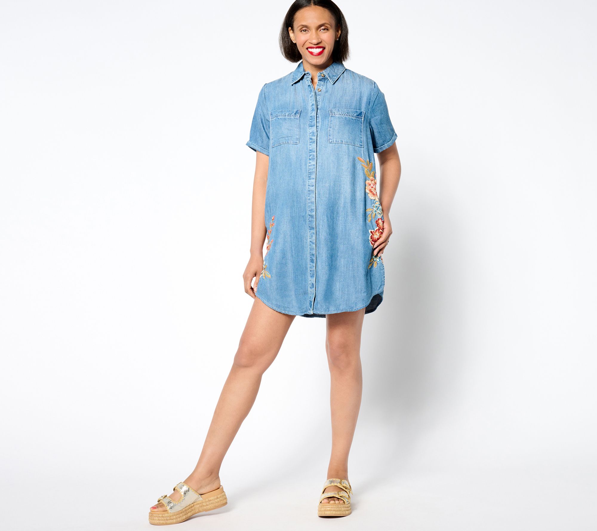 "As Is" Driftwood Jeans Embroidered Short Sleeve Mabel Dress