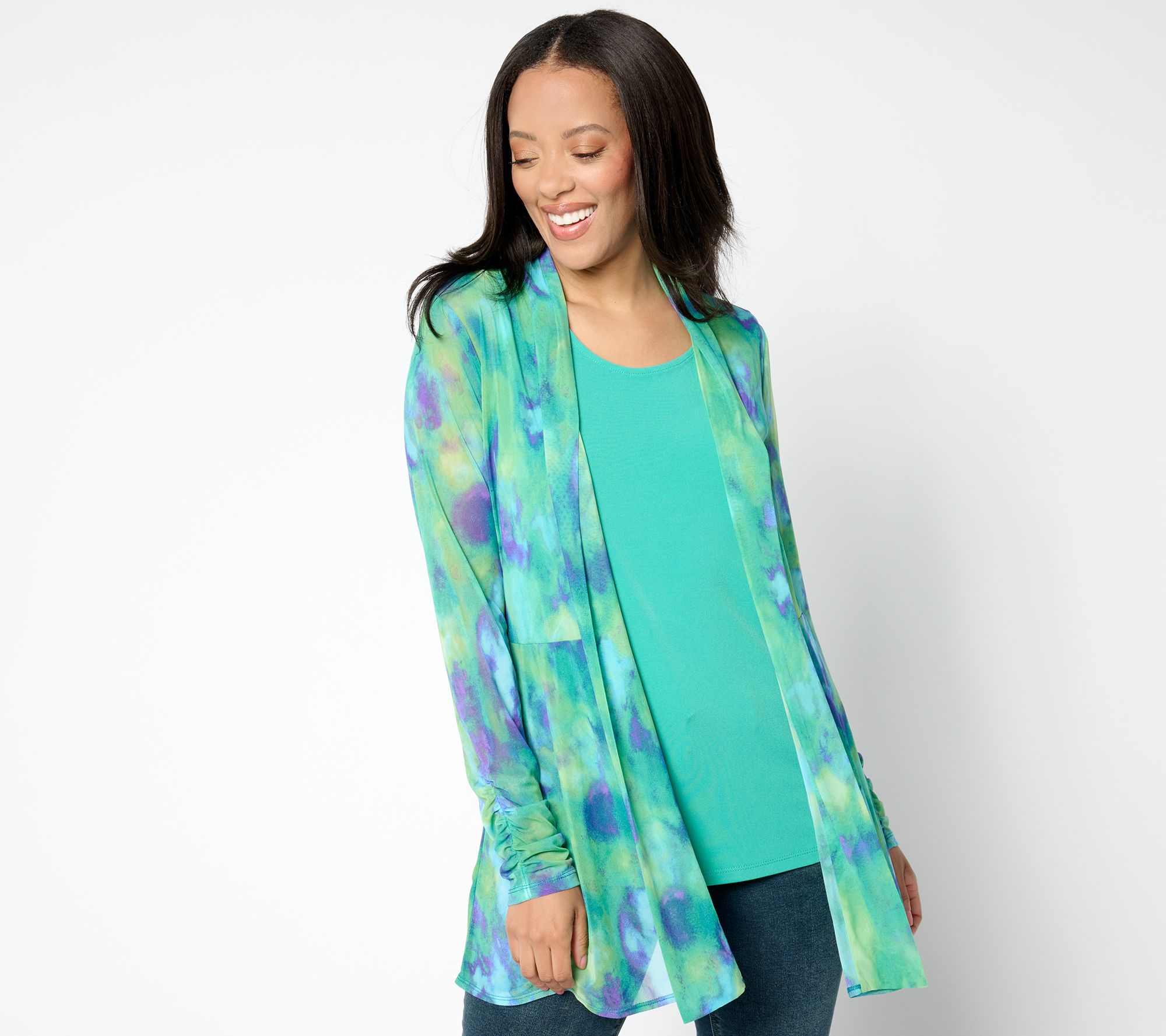 "As Is" Susan Graver Petite Mesh Cardigan Liquid Knit Tank Set