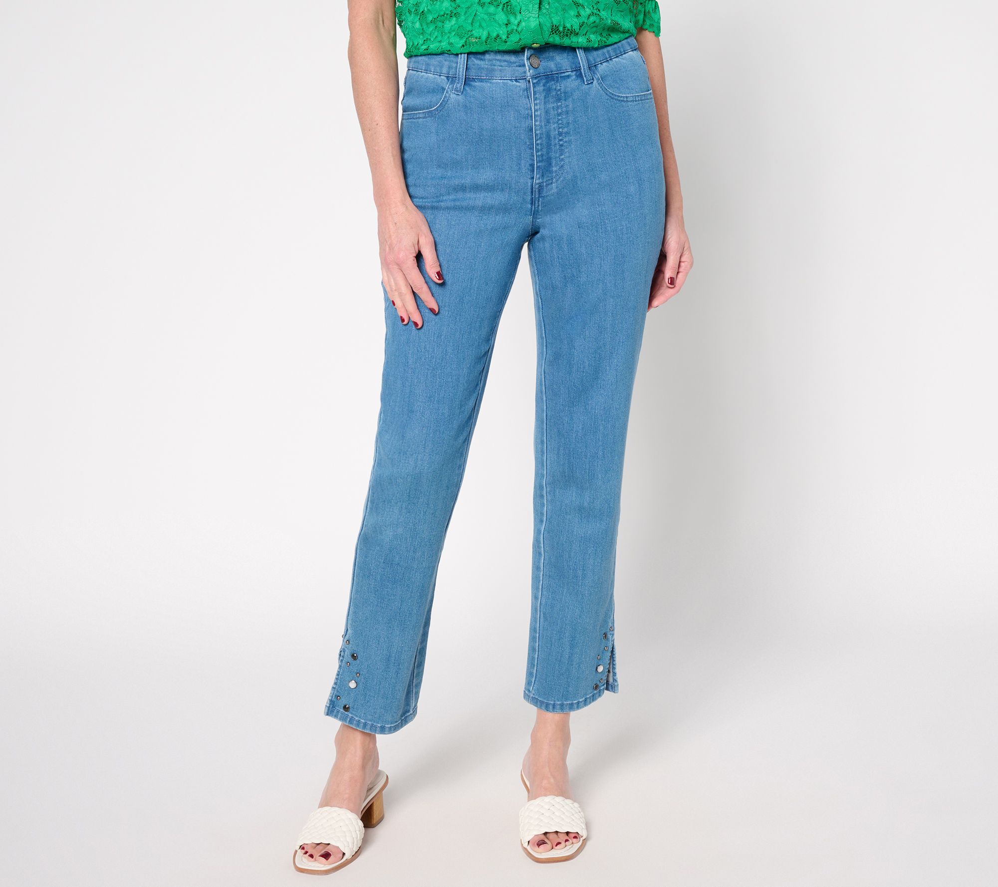 Susan Graver Petite Straight Leg Ankle Jean w/ Embellished Hem