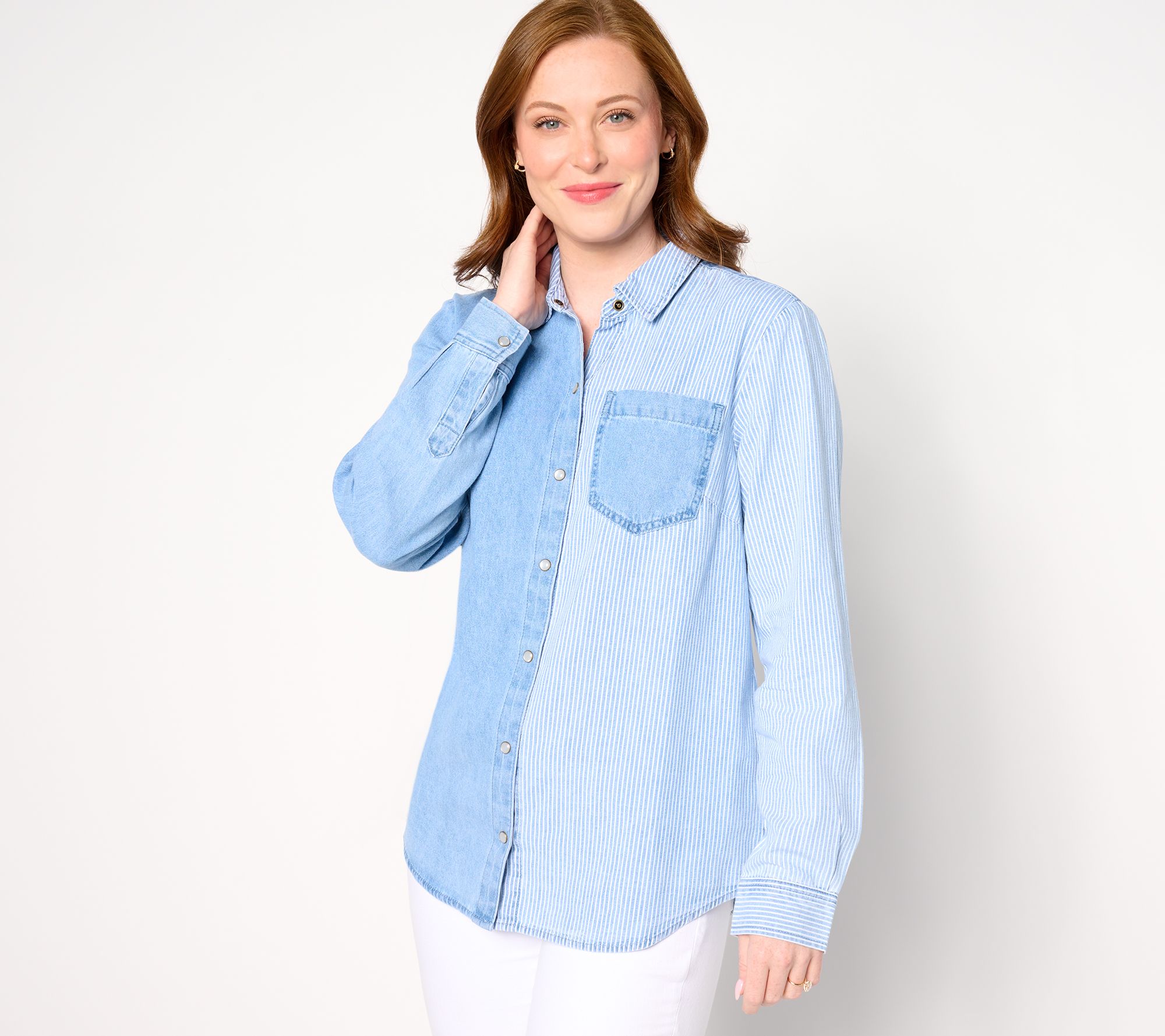 "As Is" Joan Rivers Pieced Denim Snap Front Shirt