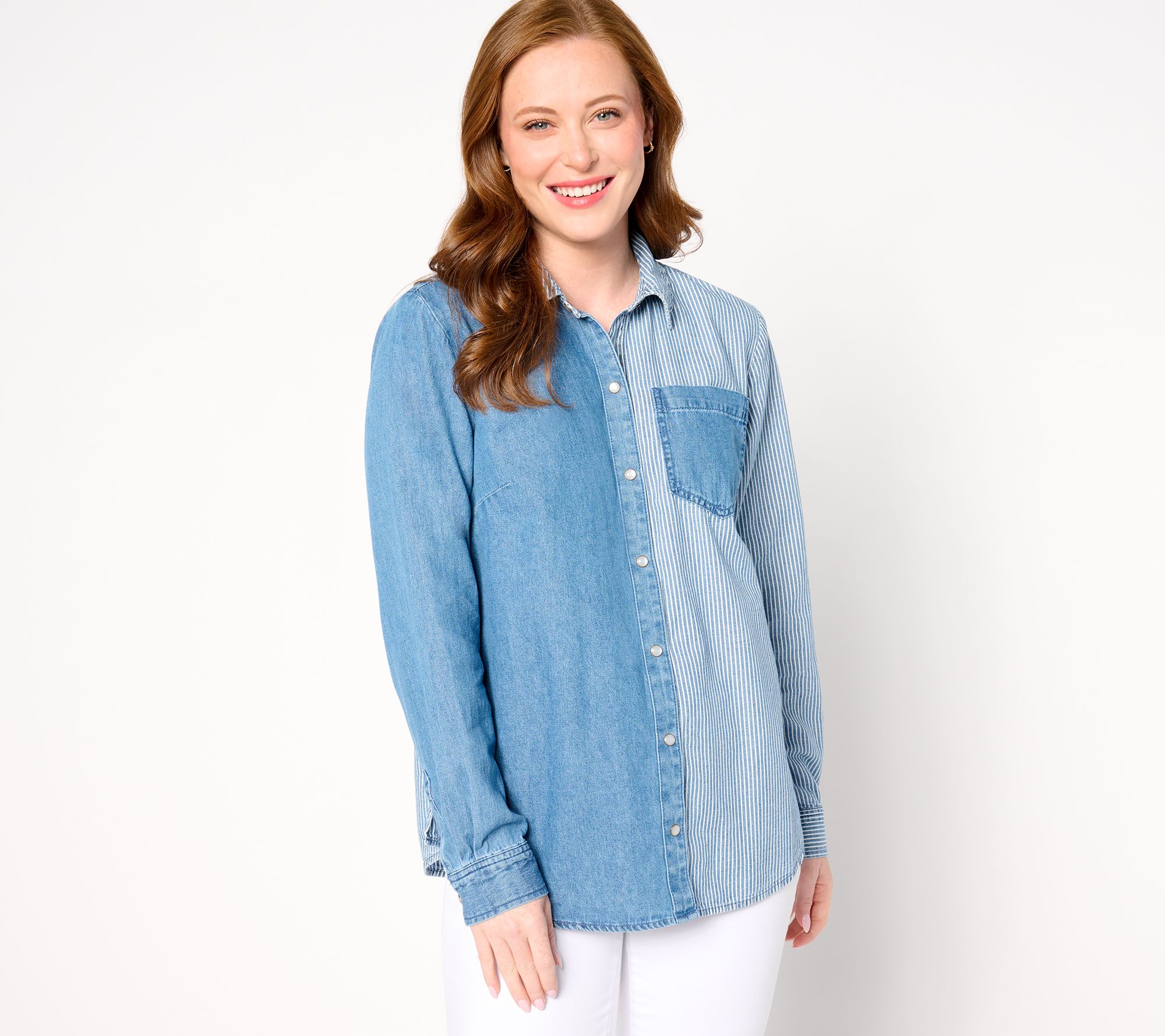 "As Is" Joan Rivers Pieced Denim Snap Front Shirt