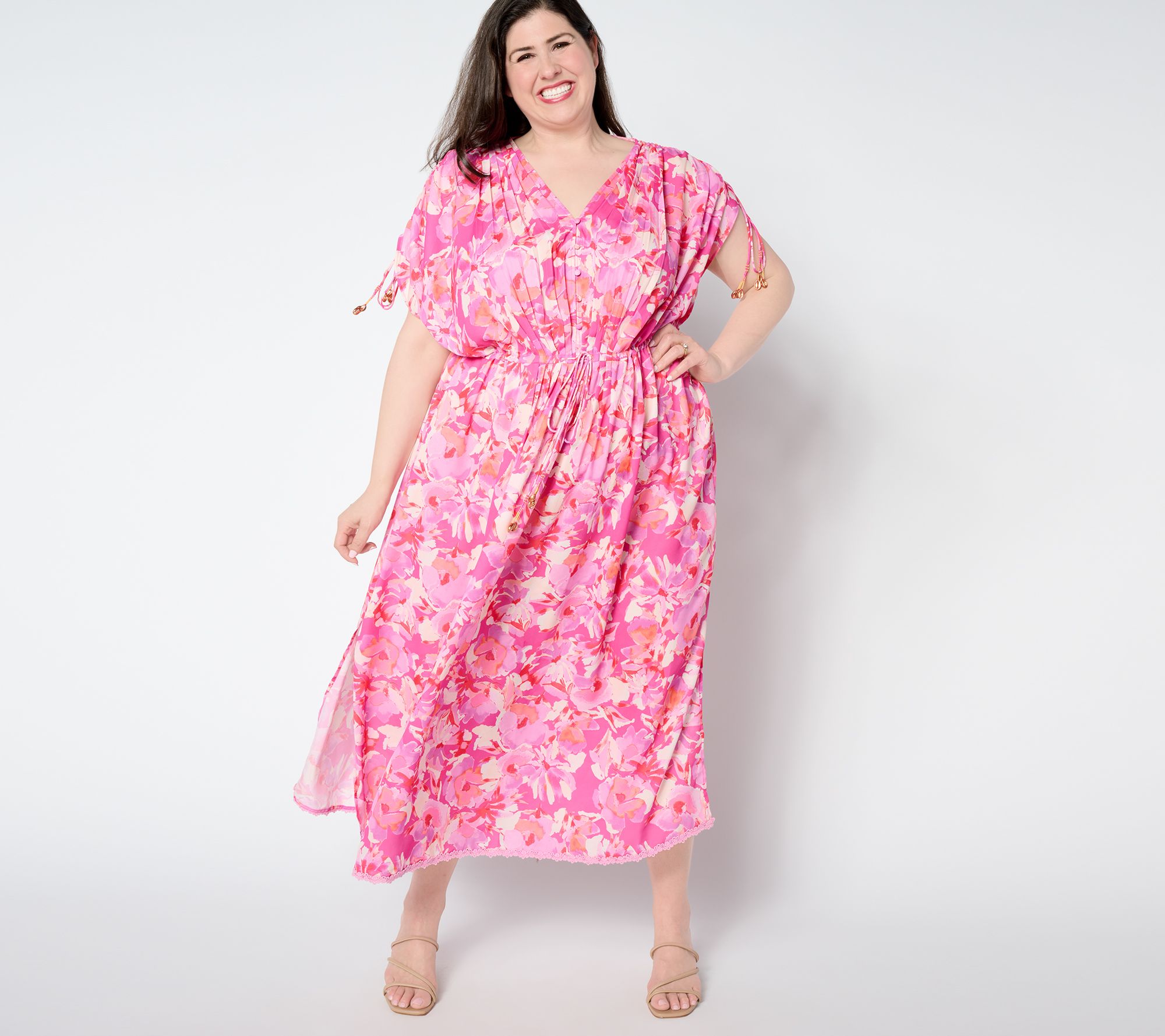 "As Is" Susan Graver Passport Petite Woven Maxi Dress with Beaded Trim