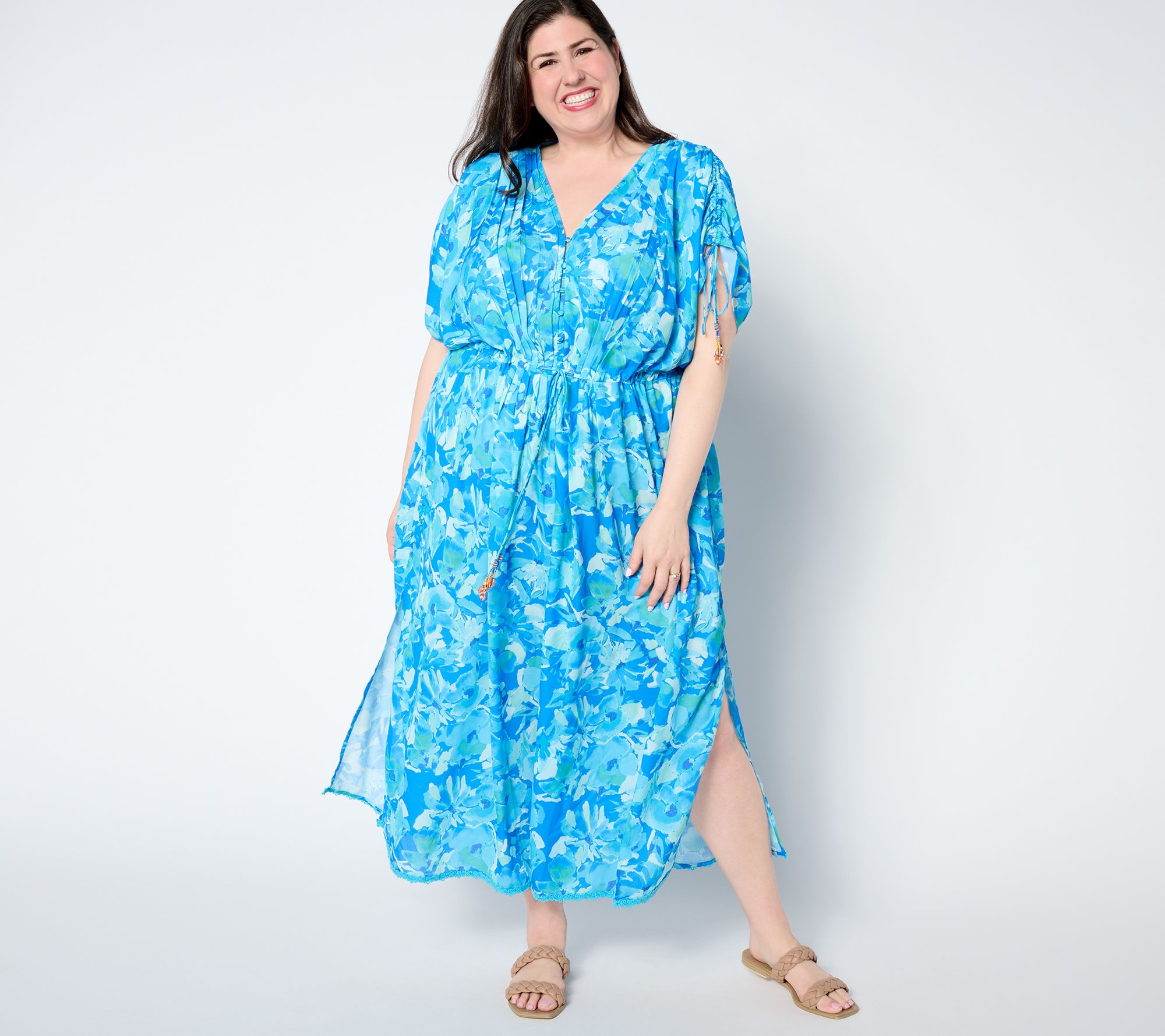 "As Is" Susan Graver Passport Petite Woven Maxi Dress with Beaded Trim
