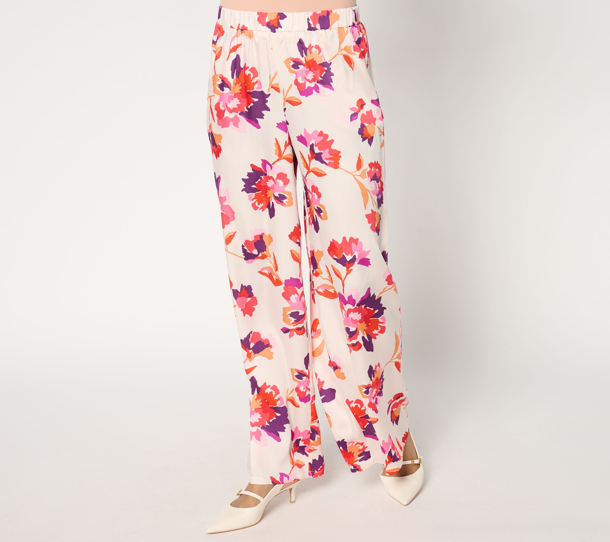 Susan Graver Printed Satin Twill Petite Wide Leg Pull On Pants