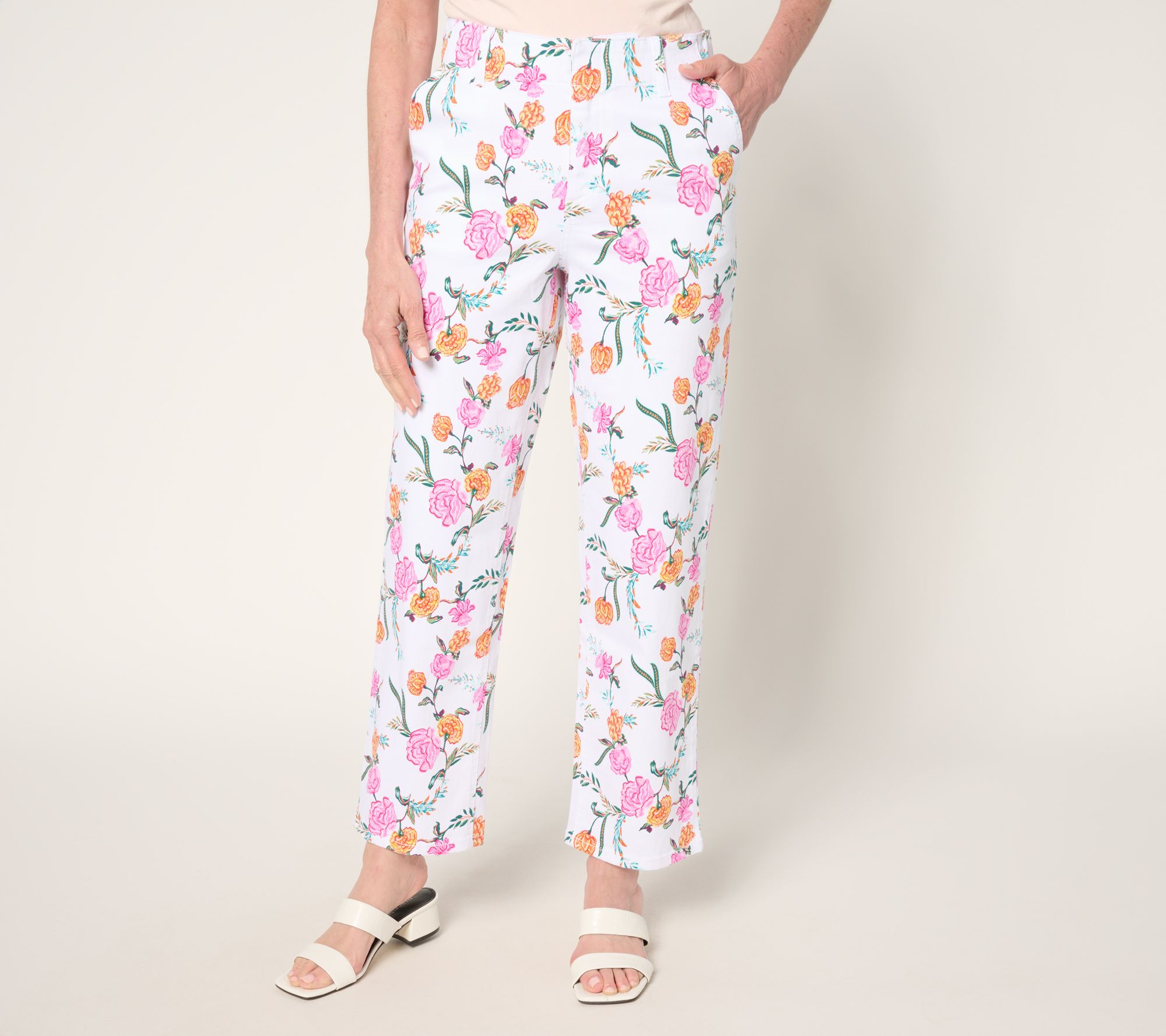 Susan Graver Petite Printed Denim Full Leg Ankle Jean