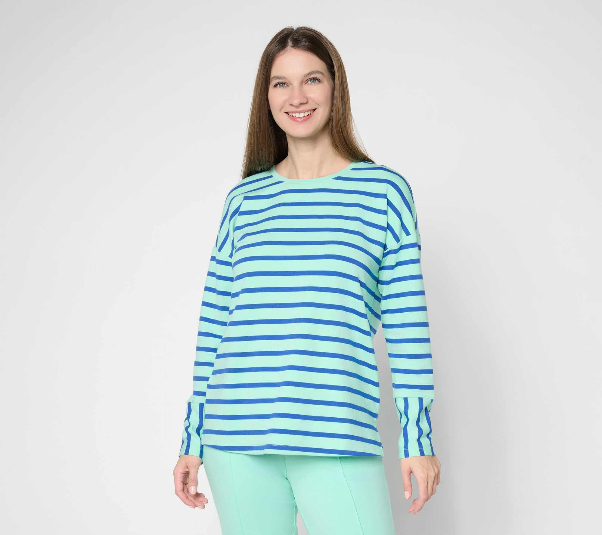 Denim & Co. Active French Terry Drop Shoulder Striped Top