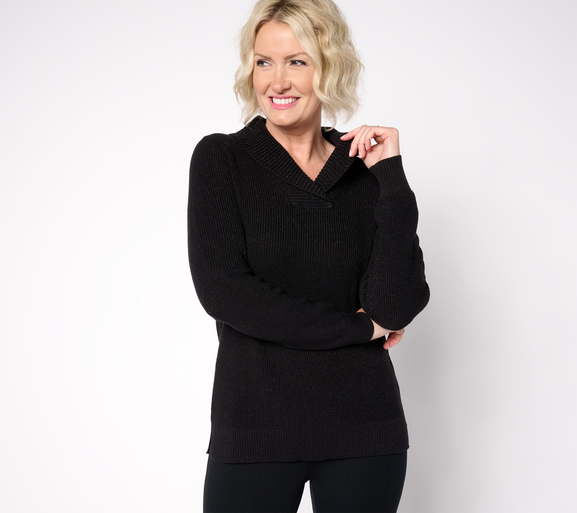 "As Is" Belle by Kim Gravel Lurex Shaker Knit Shawl Collar Sweater