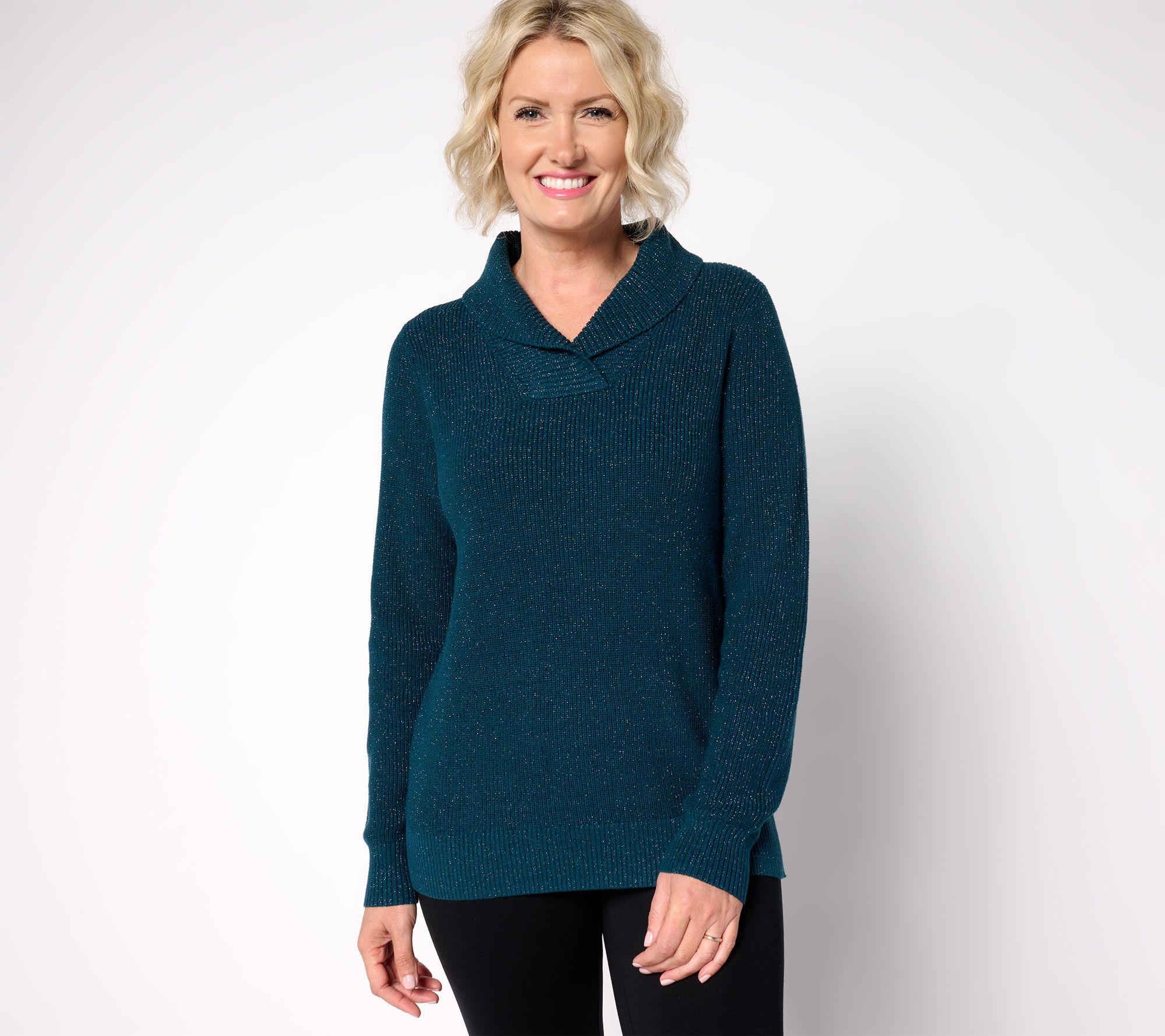 "As Is" Belle by Kim Gravel Lurex Shaker Knit Shawl Collar Sweater