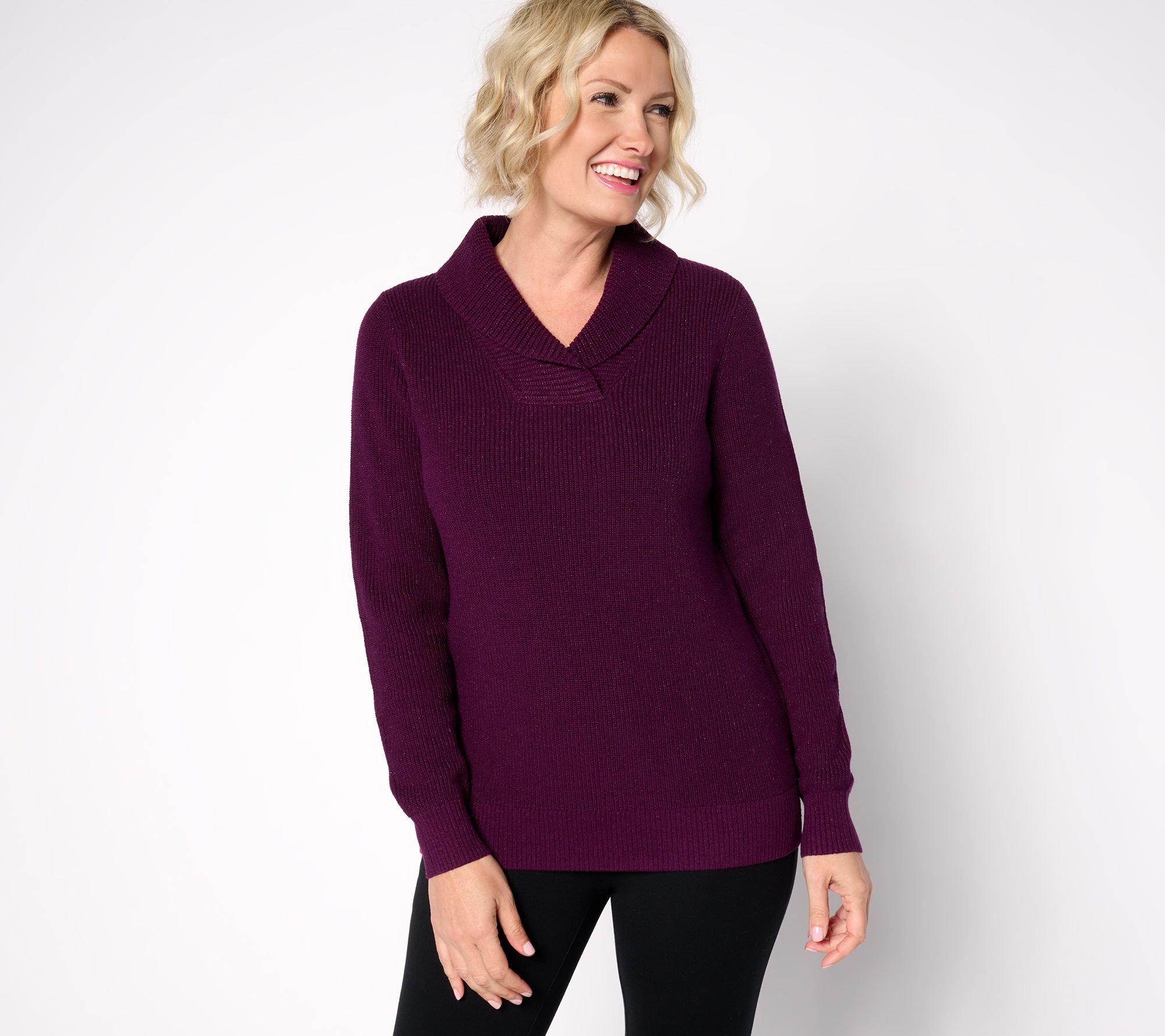 "As Is" Belle by Kim Gravel Lurex Shaker Knit Shawl Collar Sweater