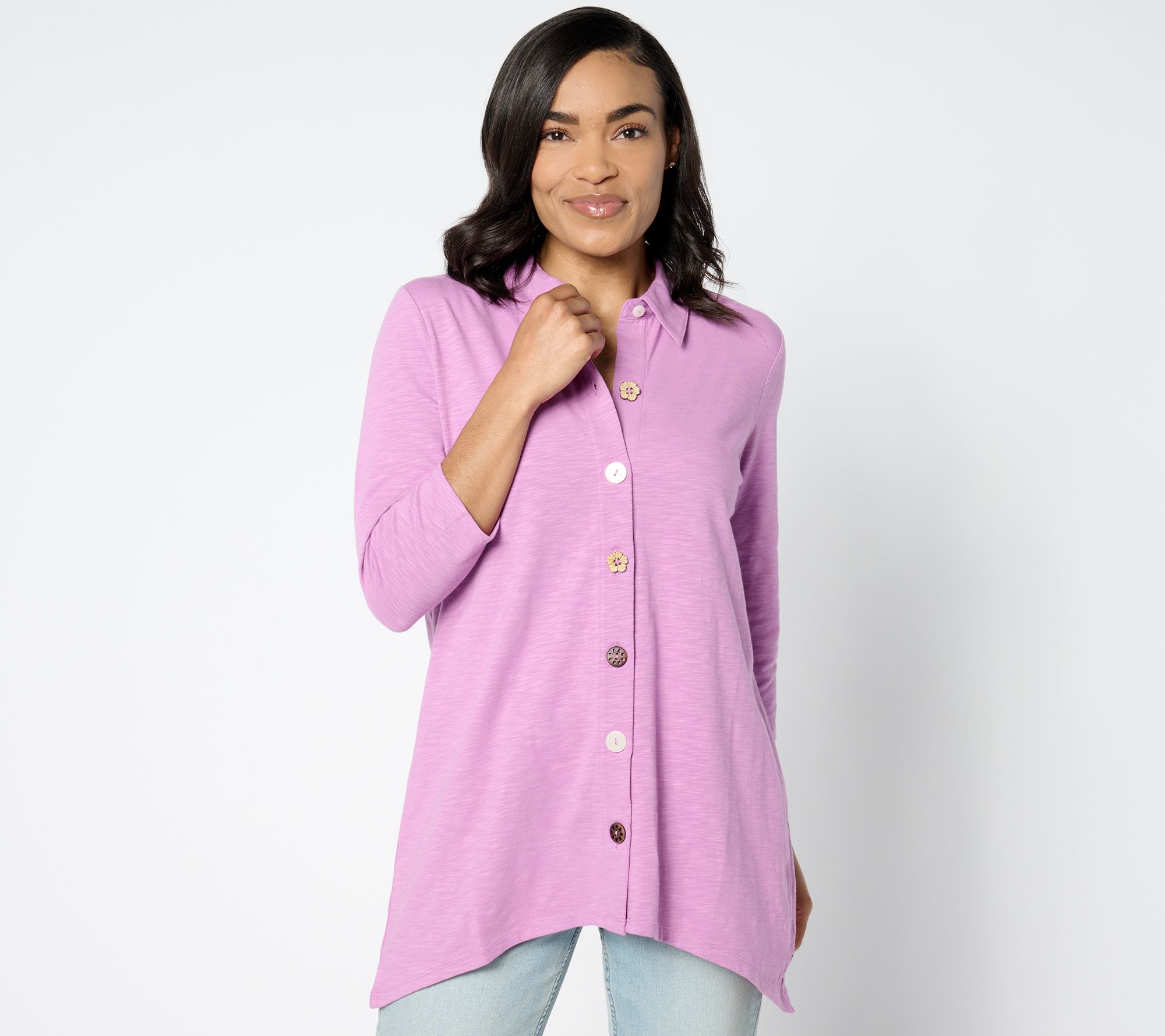 "As Is" Denim & Co. Petite Texture Knit 3/4 Sleeve Button Tunic