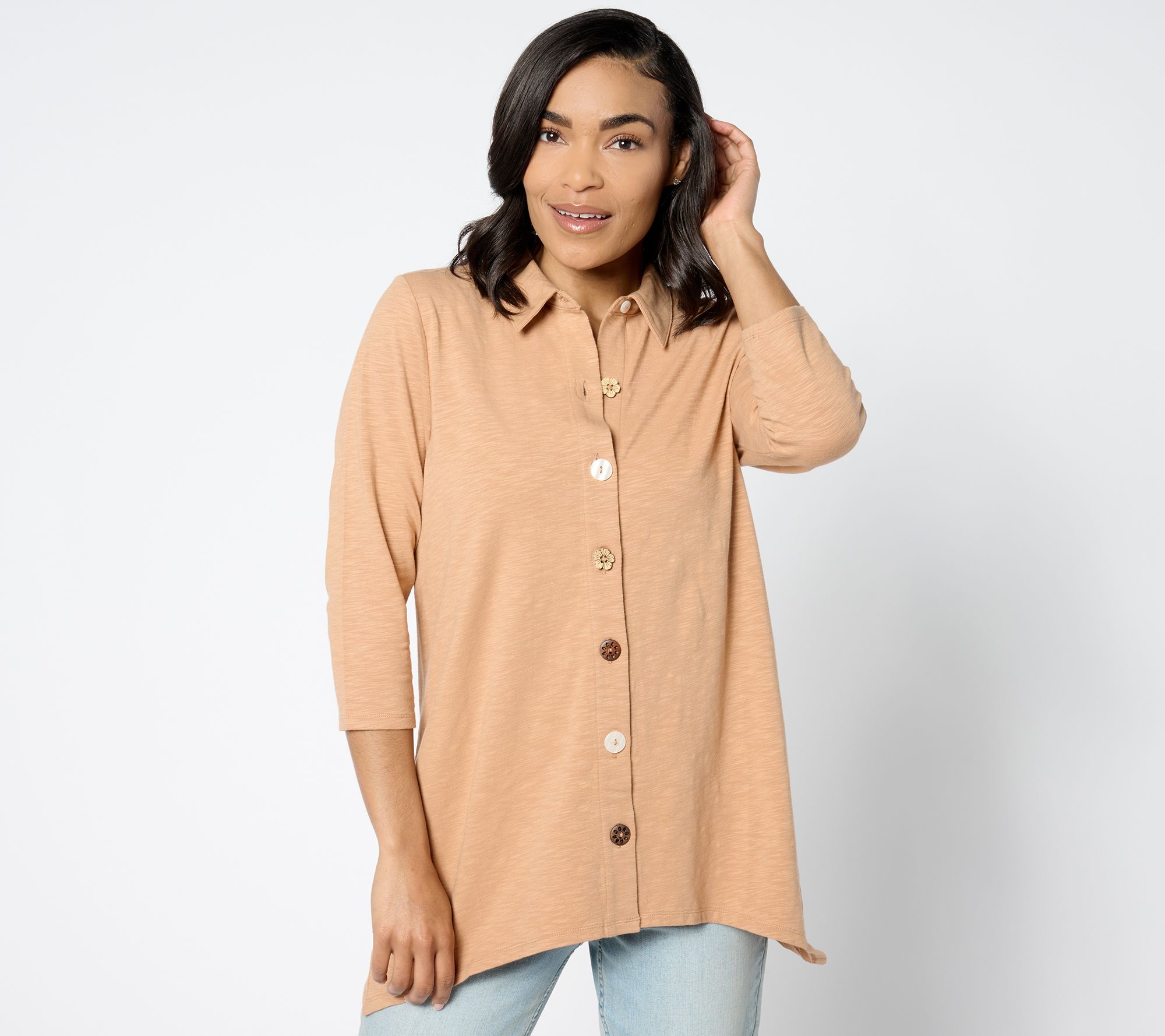 "As Is" Denim & Co. Petite Texture Knit 3/4 Sleeve Button Tunic