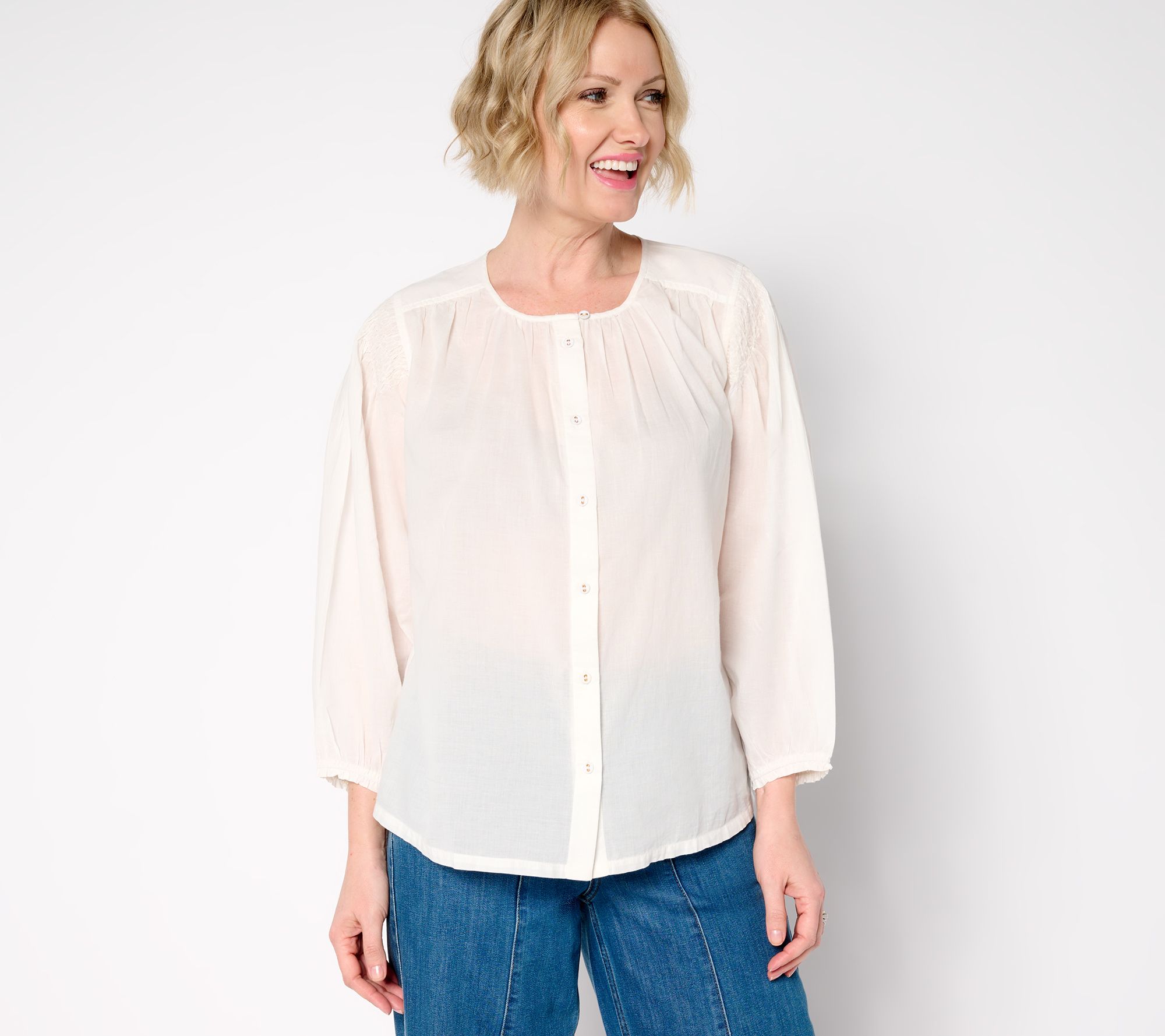 LOGO by Lori Goldstein 100% Cotton Button-Front Shirred Blouse