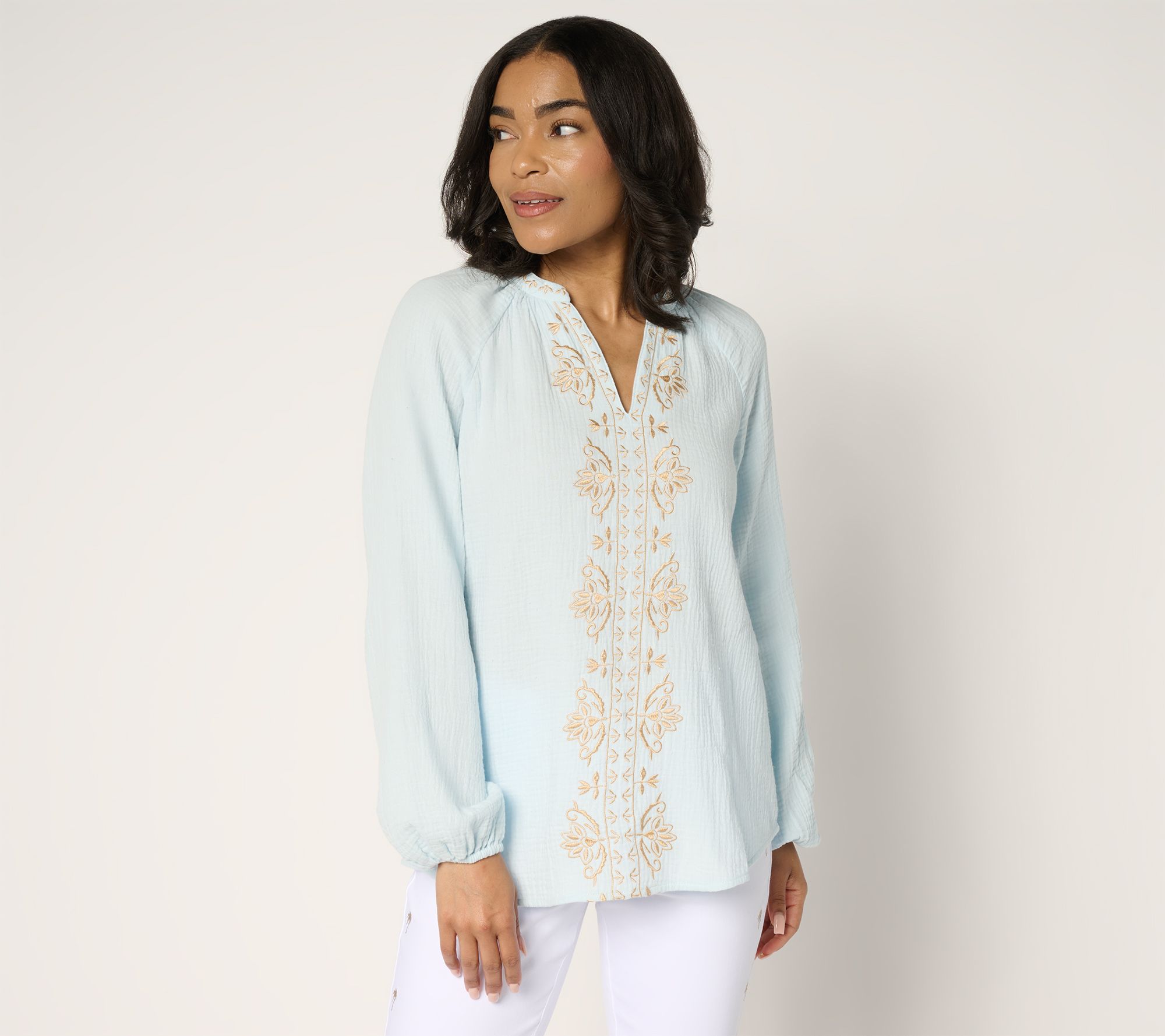 Belle by Kim Gravel Beach Club 100% Cotton Gauze Embroidered Top