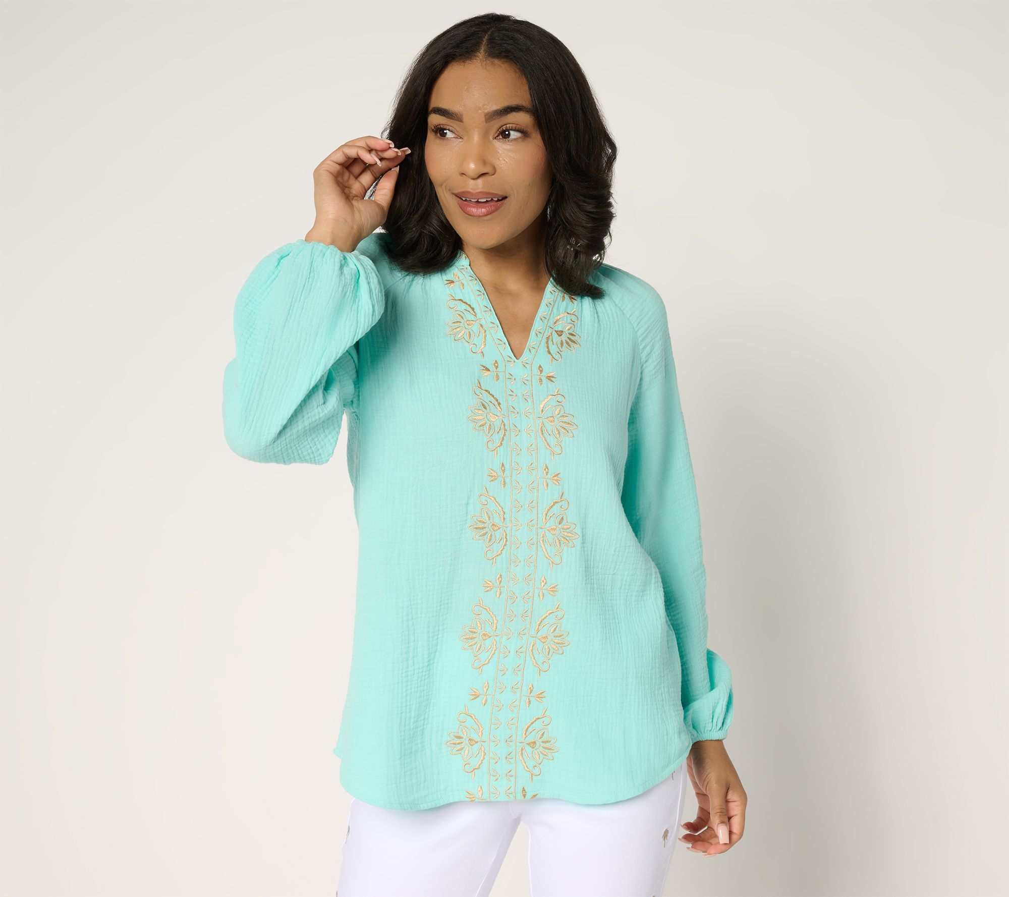 Belle by Kim Gravel Beach Club 100% Cotton Gauze Embroidered Top