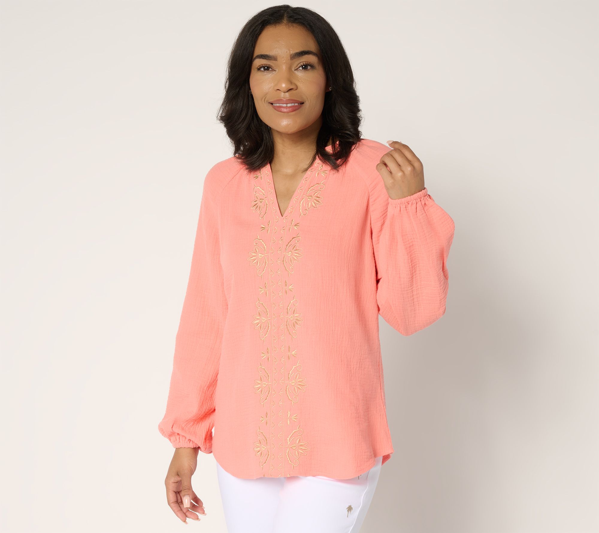 Belle by Kim Gravel Beach Club 100% Cotton Gauze Embroidered Top