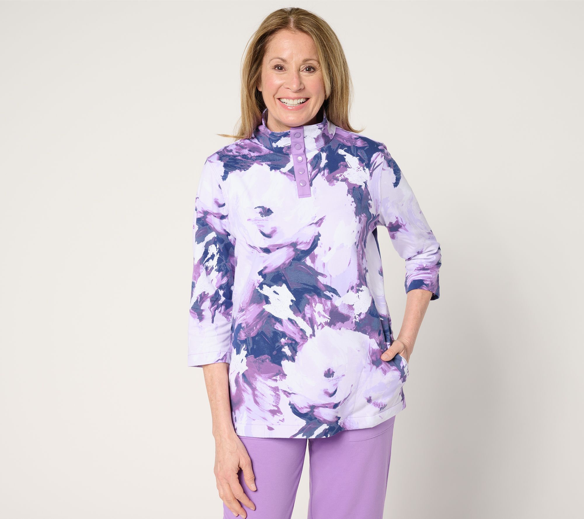 トップス A Sport Savvy Printed French Terry 3/4 Sleeve Snap Front