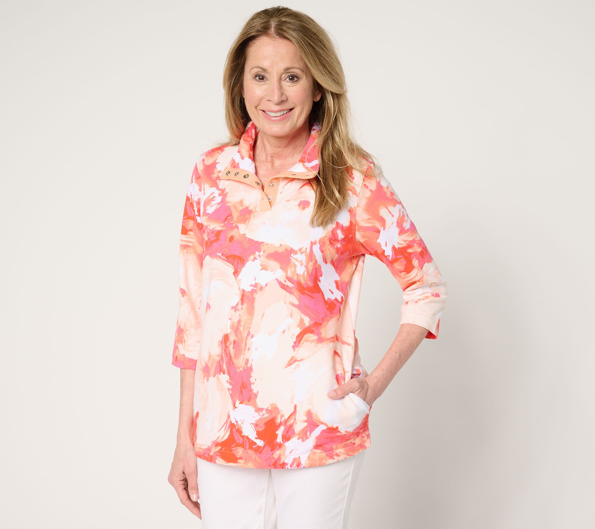 Sport Savvy Printed French Terry 3/4 Sleeve Snap Front Pullover