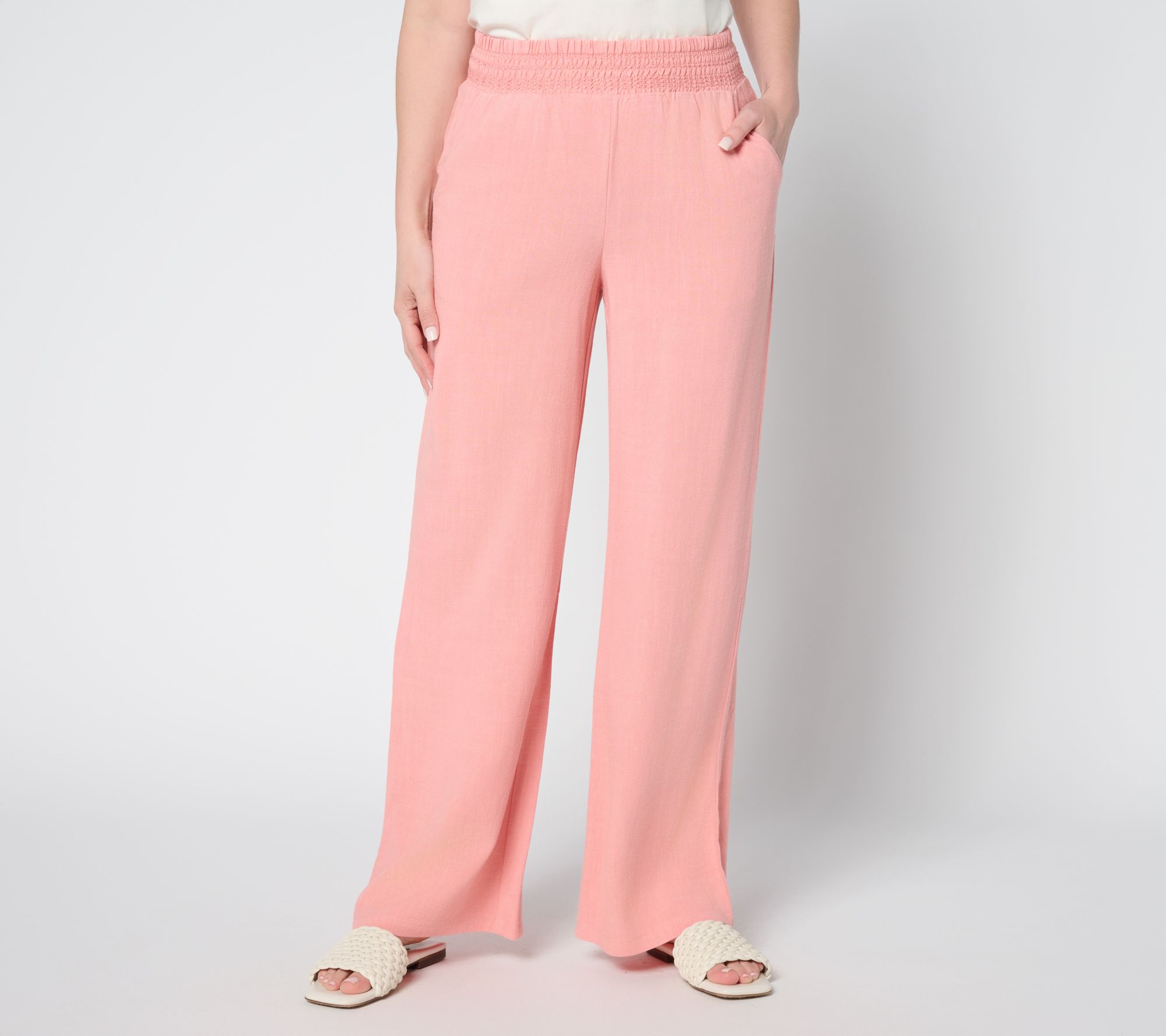 Belle by Kim Gravel Regular Riviera Linen Smocked Waist Wide Leg Pant