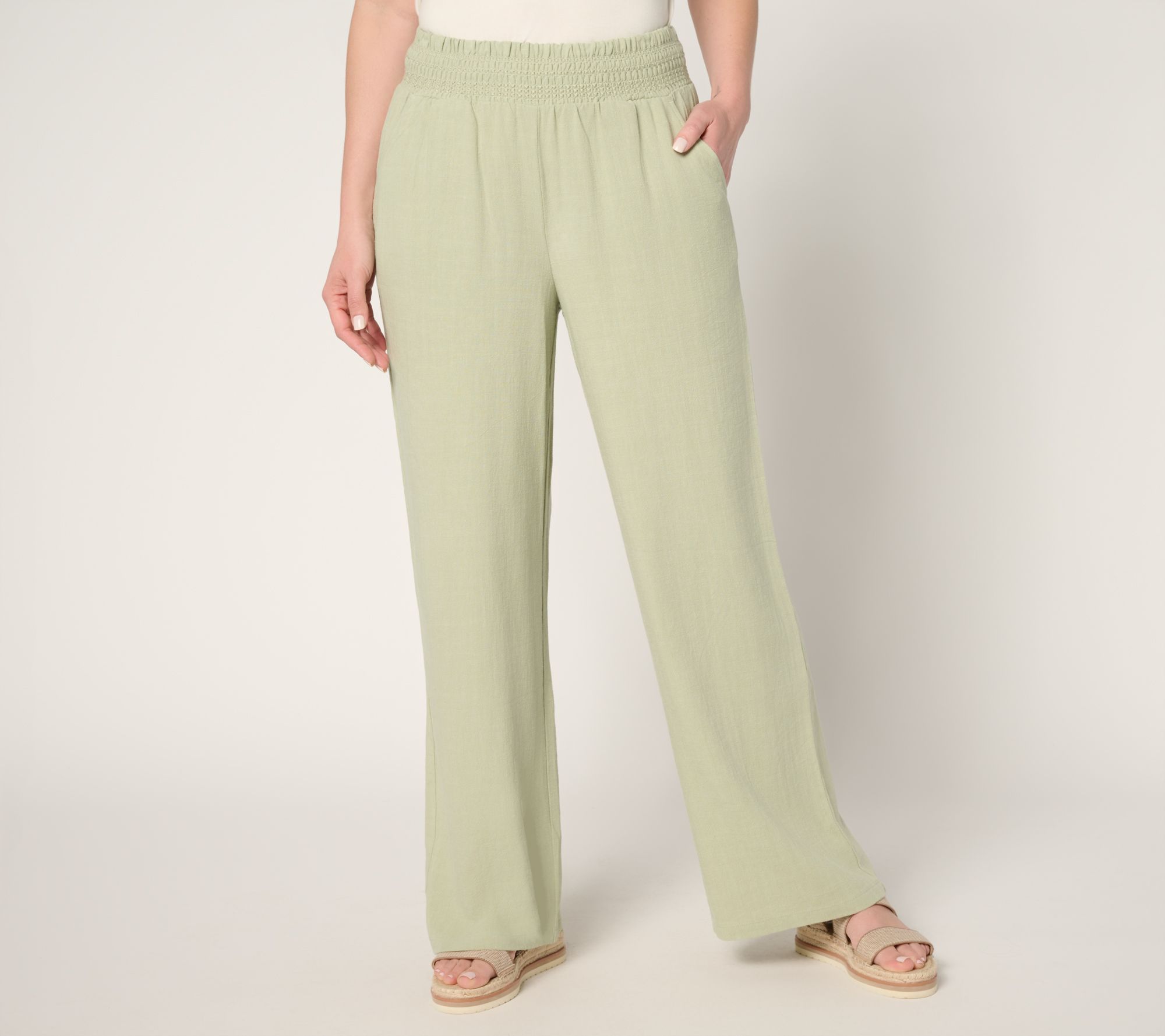Belle by Kim Gravel Regular Riviera Linen Smocked Waist Wide Leg Pant