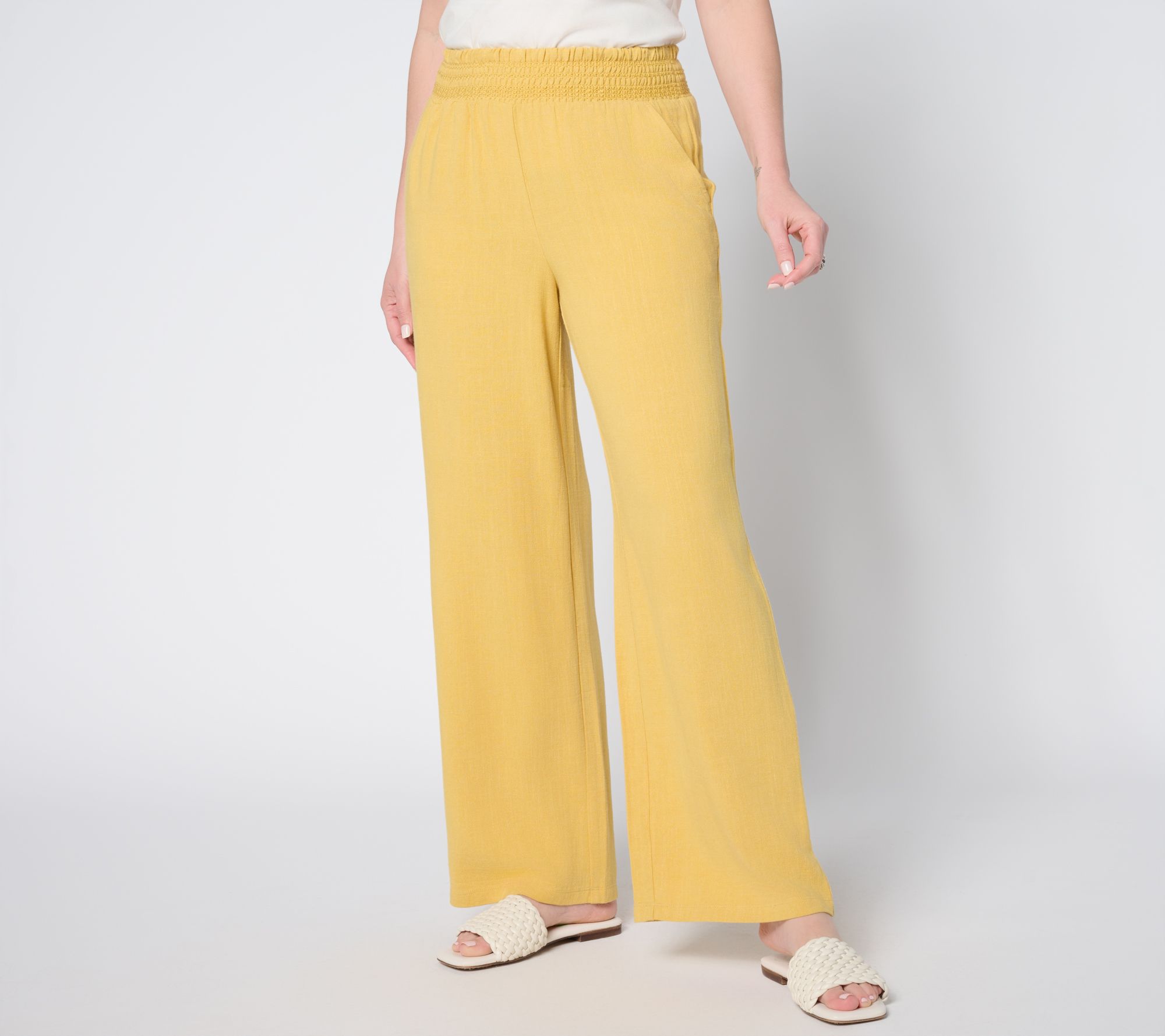 Belle by Kim Gravel Regular Riviera Linen Smocked Waist Wide Leg Pant