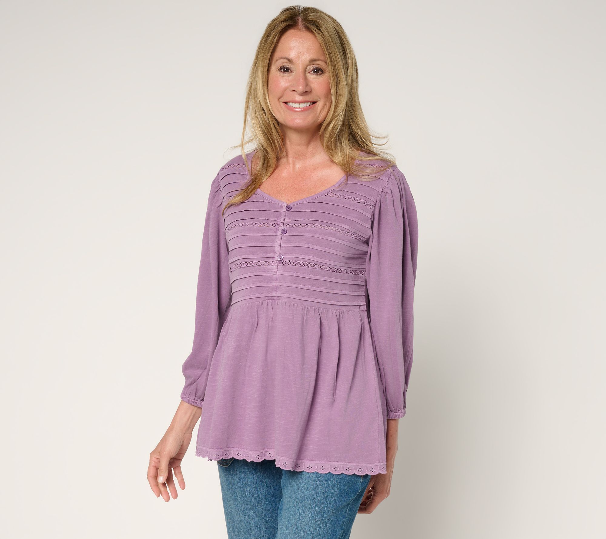LOGO by Lori Goldstein 100% Cotton Top with Pintucks