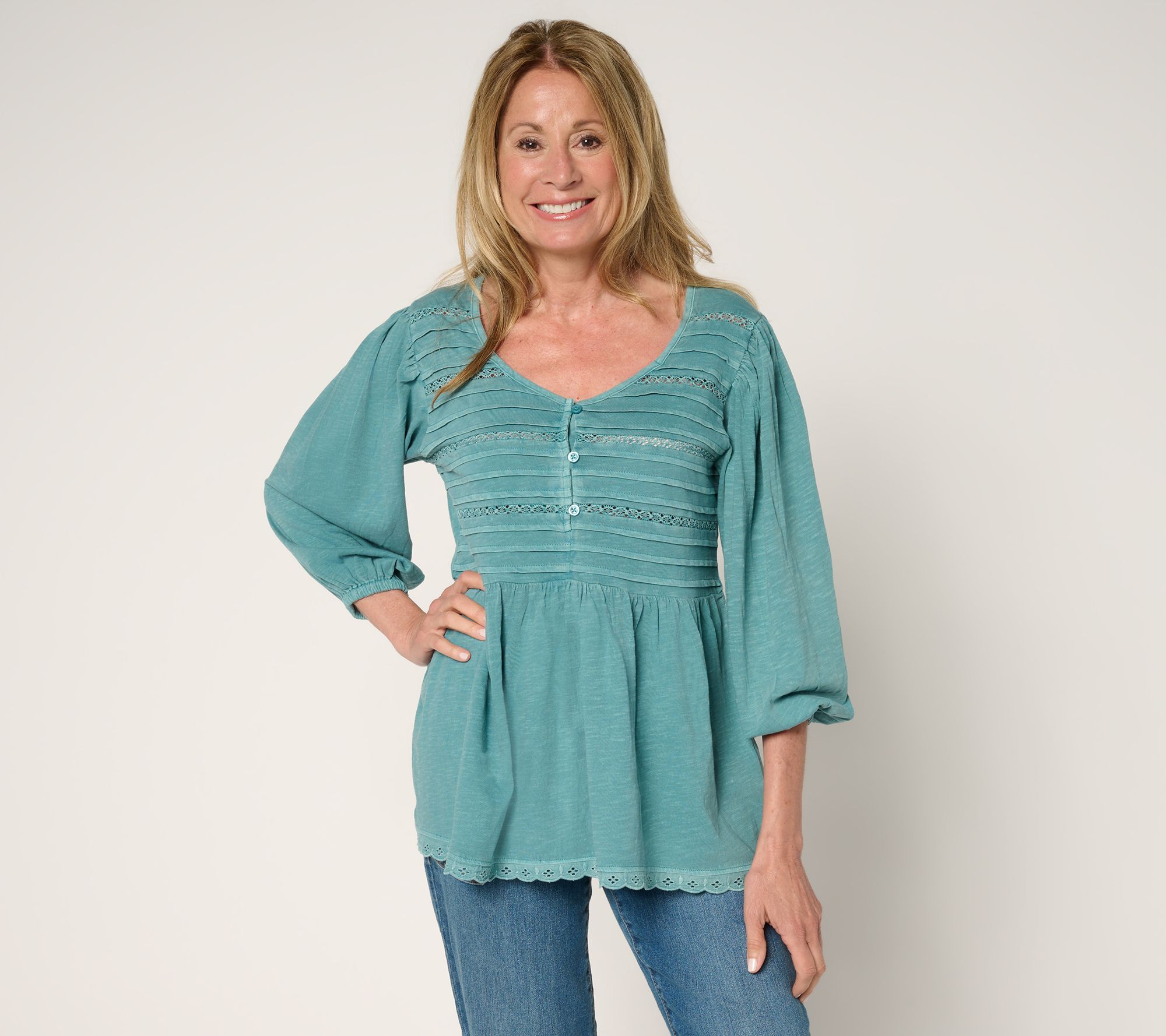 LOGO by Lori Goldstein 100% Cotton Top with Pintucks