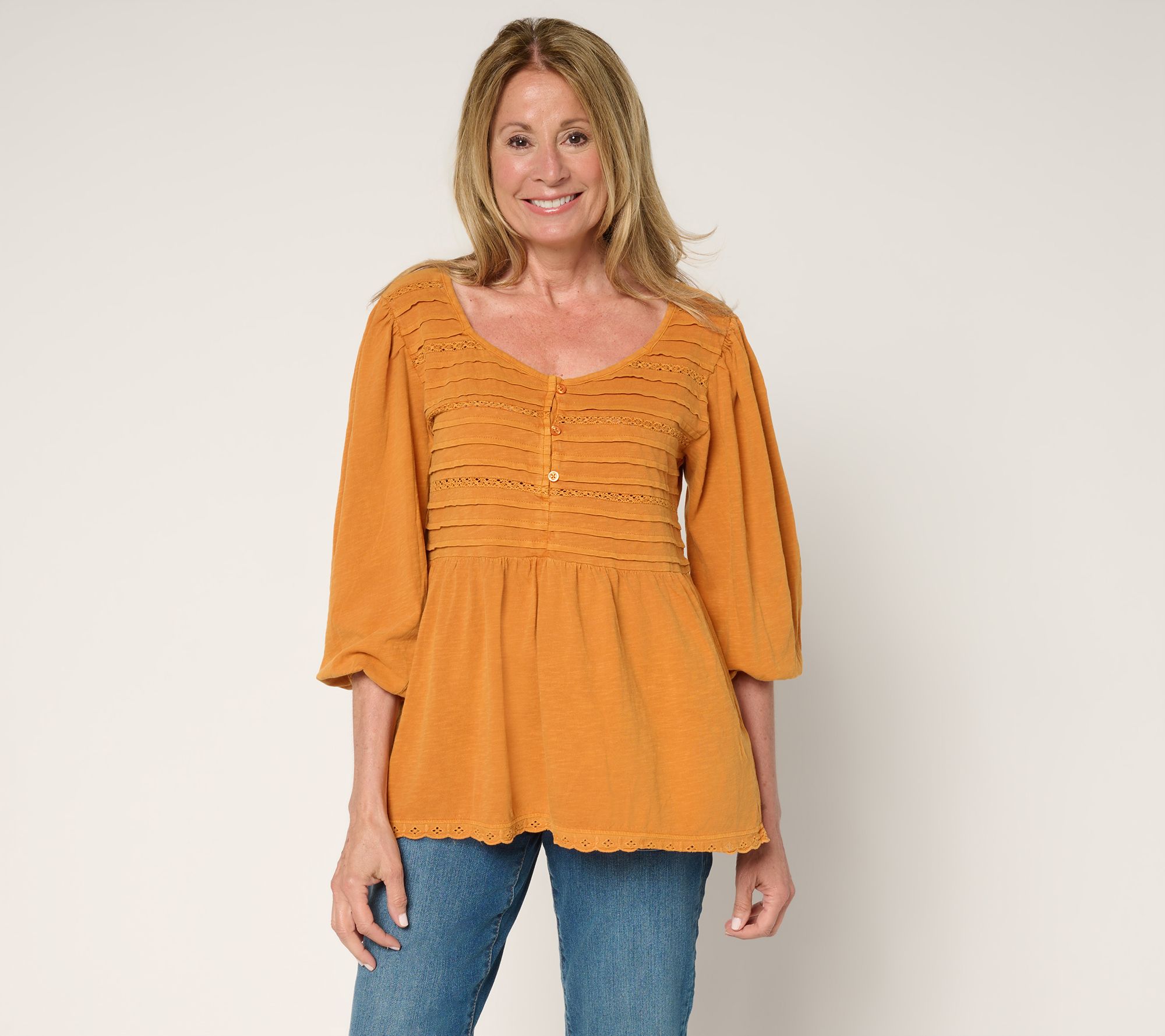 LOGO by Lori Goldstein 100% Cotton Top with Pintucks